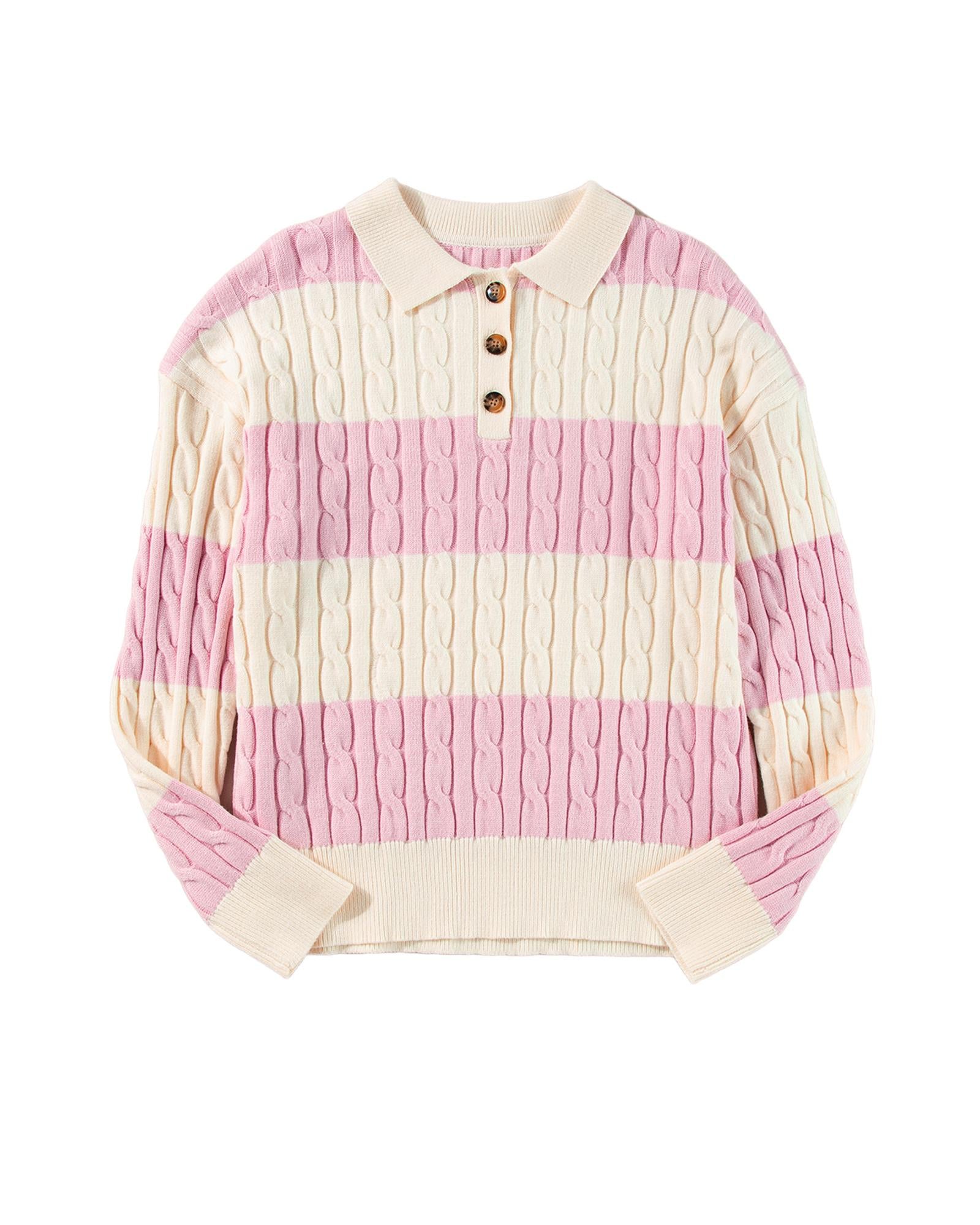 Pink Stripe Cable Knit Collared Henley Sweater - M 7