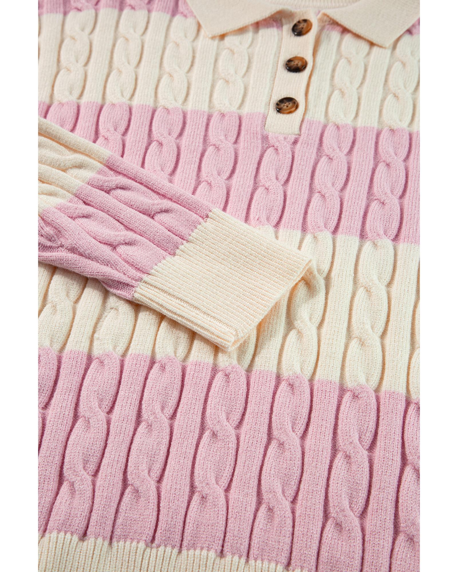 Pink Stripe Cable Knit Collared Henley Sweater - XL 3