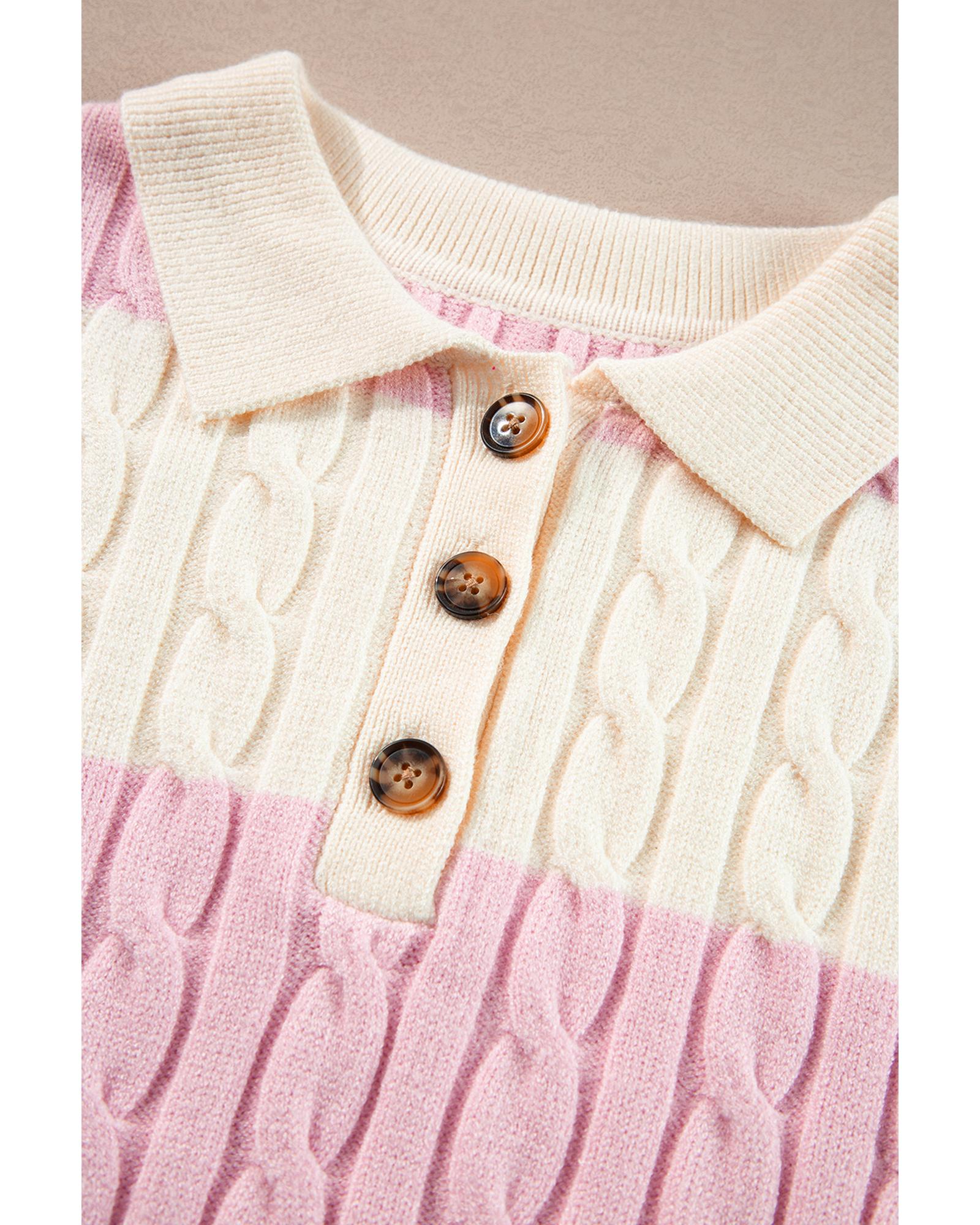 Pink Stripe Cable Knit Collared Henley Sweater - XL 6
