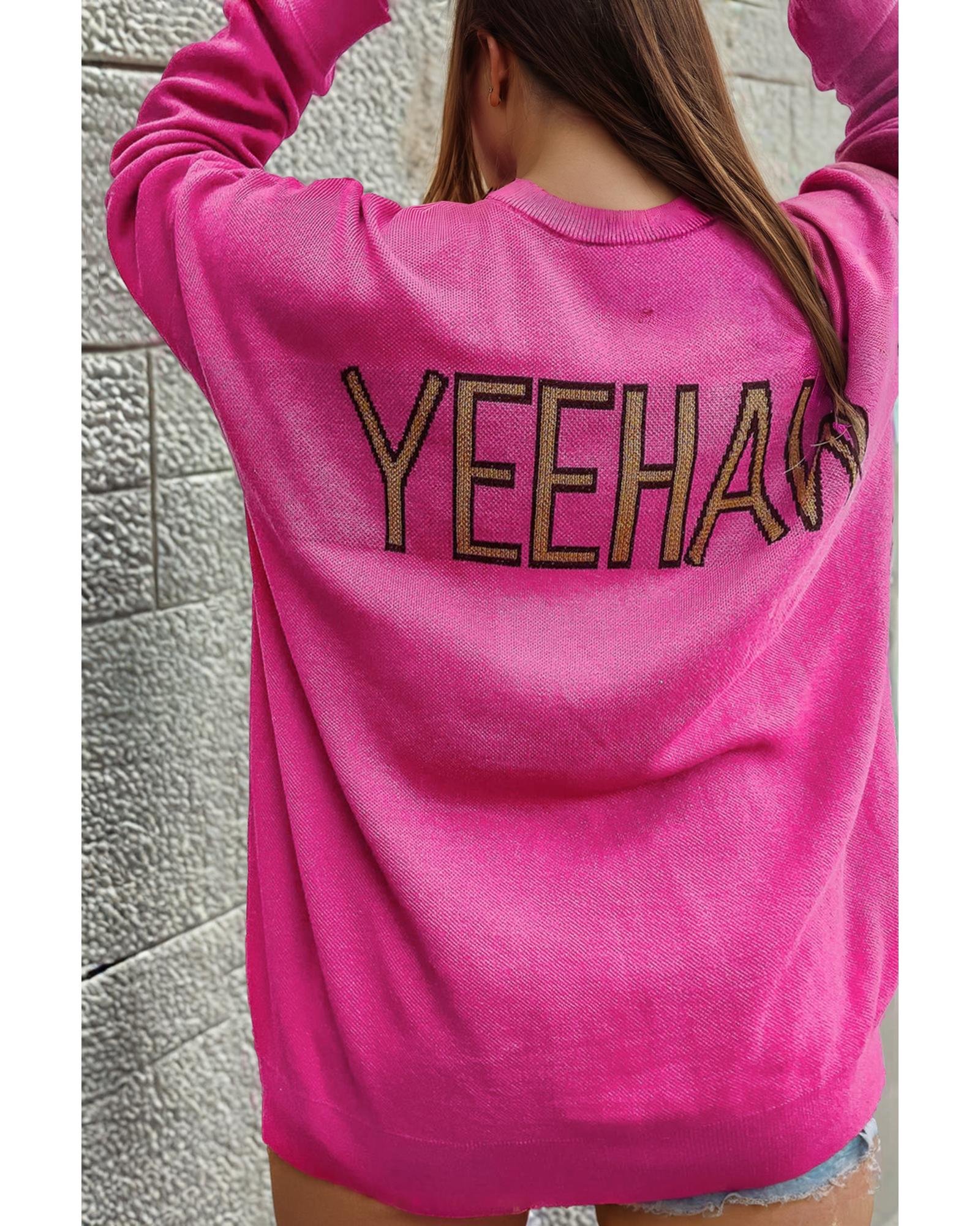 Rose Red YEEHAW Cowboy Hat Drop Shoulder Oversized Sweater - L 8