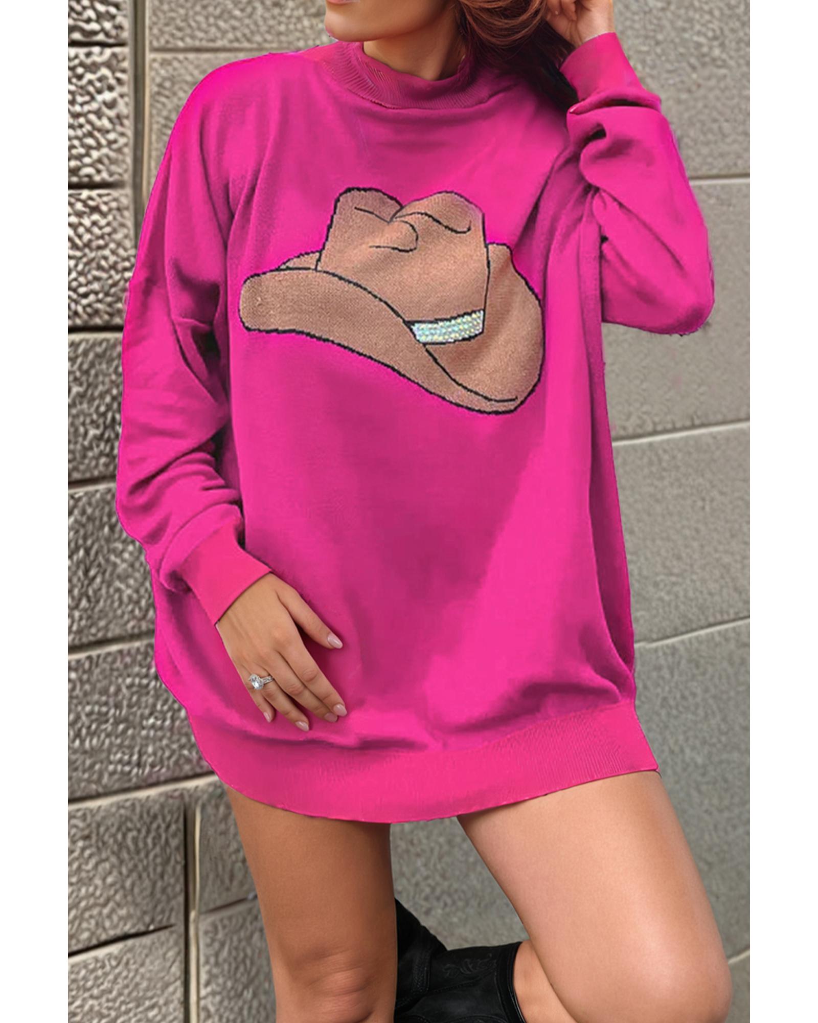 Rose Red YEEHAW Cowboy Hat Drop Shoulder Oversized Sweater - S 7