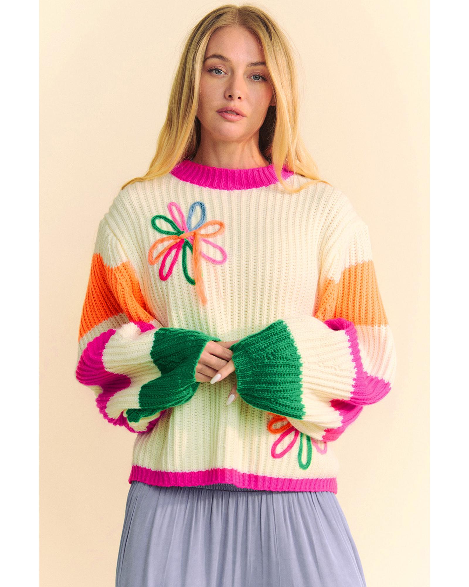 Beige Colorblock Flower Print Cable Knit Loose Sweater - L 3