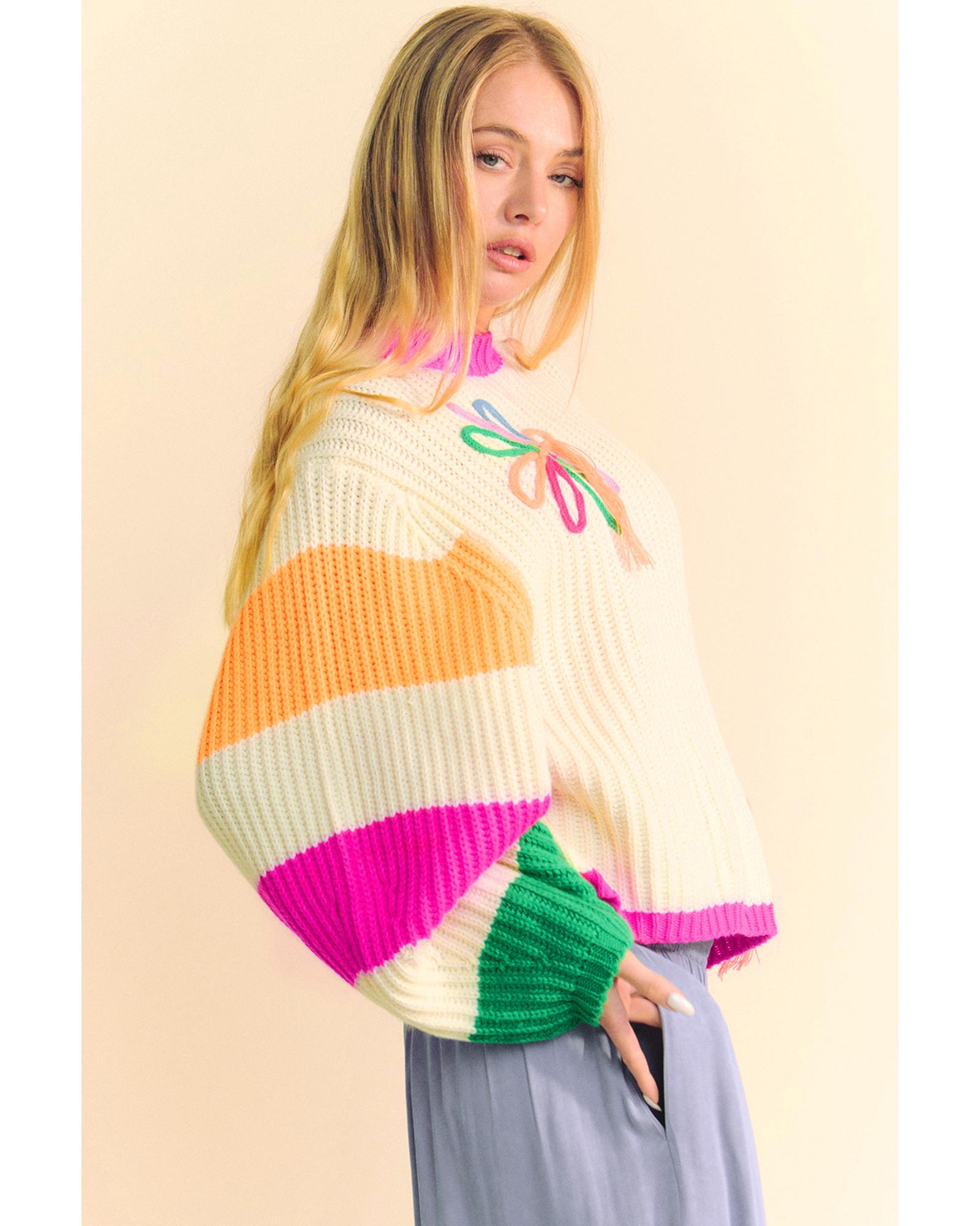 Beige Colorblock Flower Print Cable Knit Loose Sweater - M
