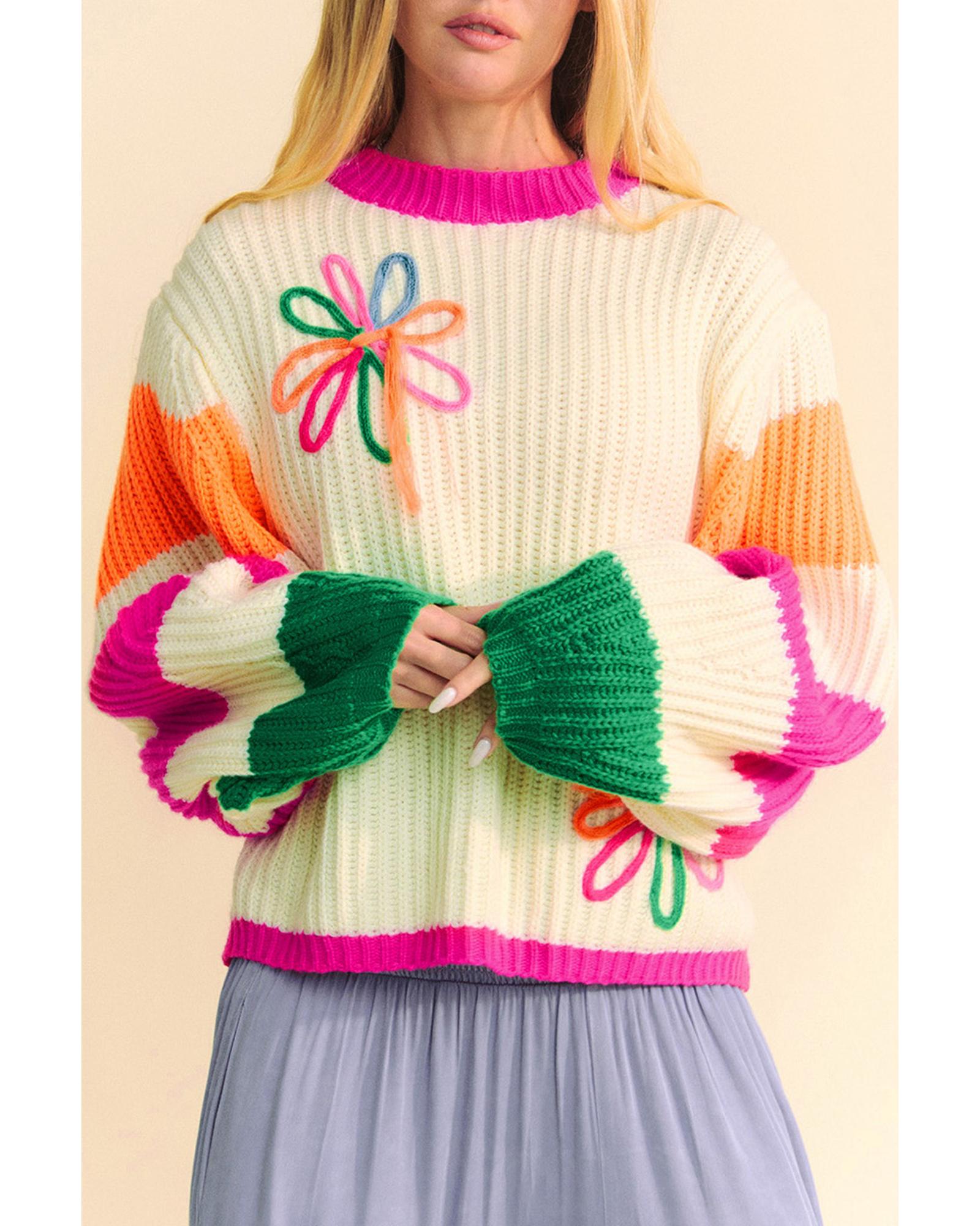 Beige Colorblock Flower Print Cable Knit Loose Sweater - M 4