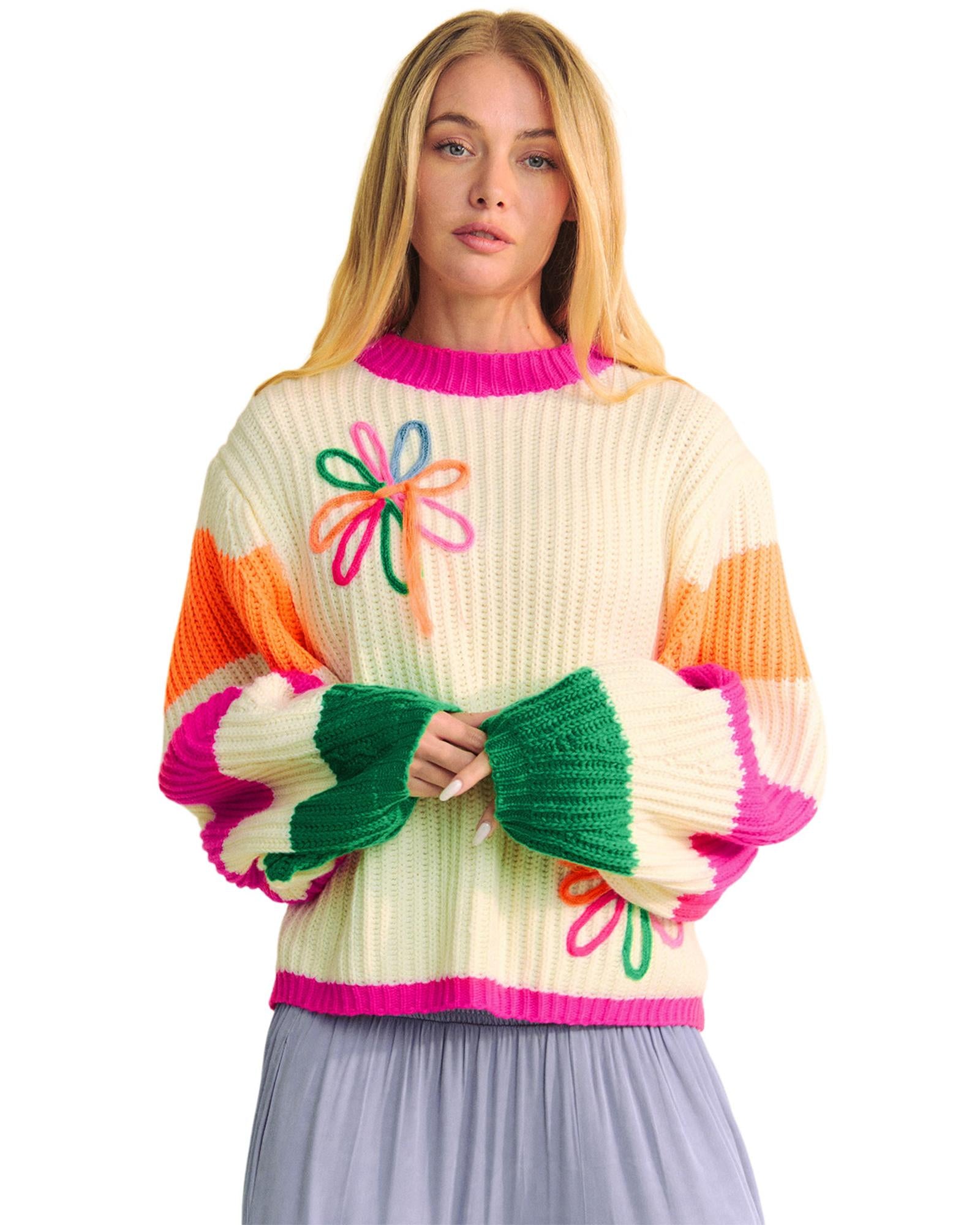 Beige Colorblock Flower Print Cable Knit Loose Sweater - M 5