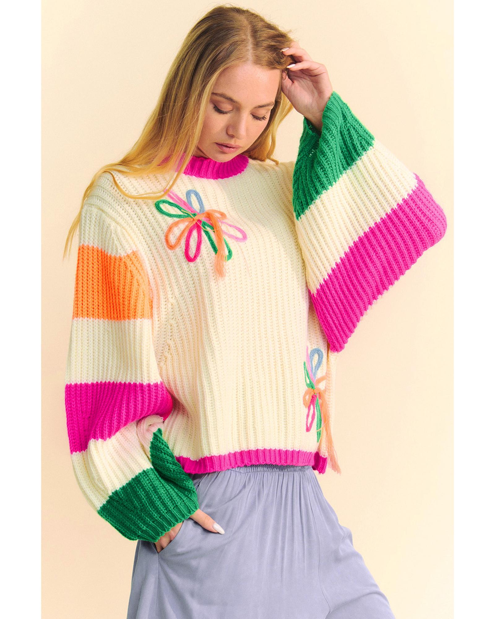 Beige Colorblock Flower Print Cable Knit Loose Sweater - M 6