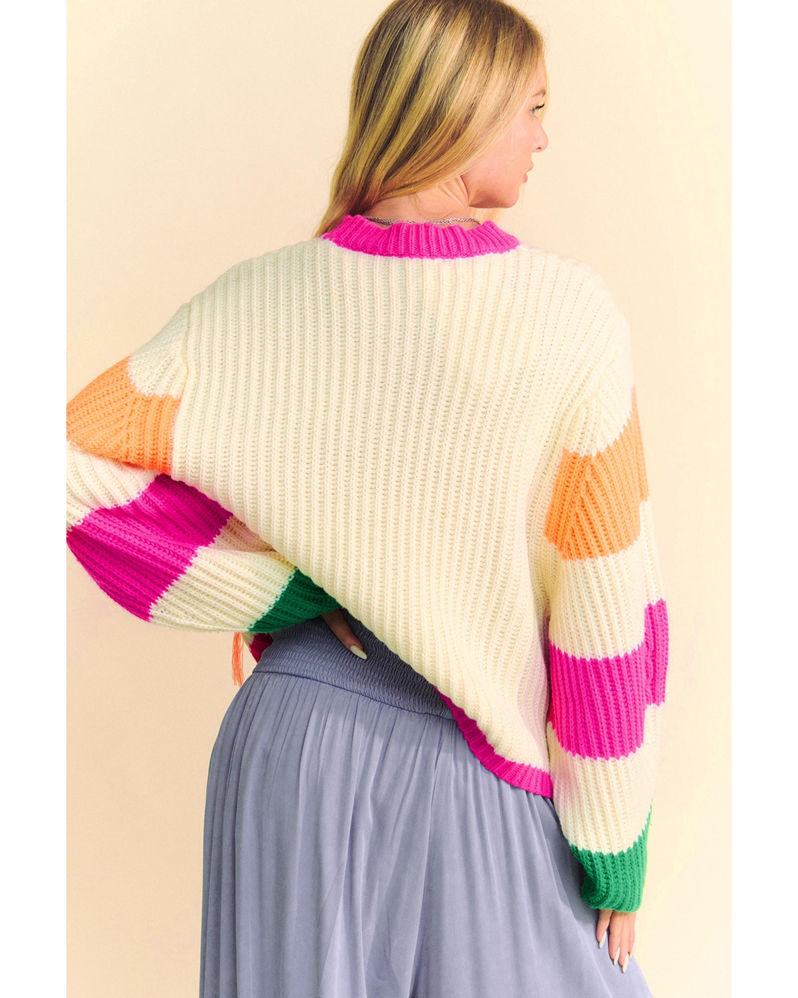 Beige Colorblock Flower Print Cable Knit Loose Sweater - M 7
