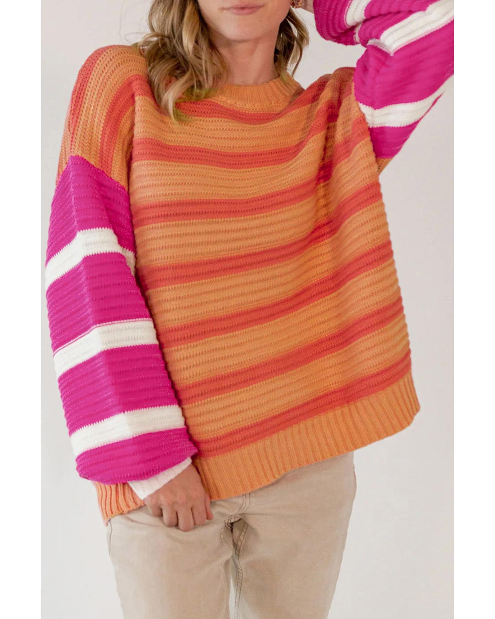 Orange Stripe Colorblock Crew Neck Drop Shoulder Loose Sweater - M 4