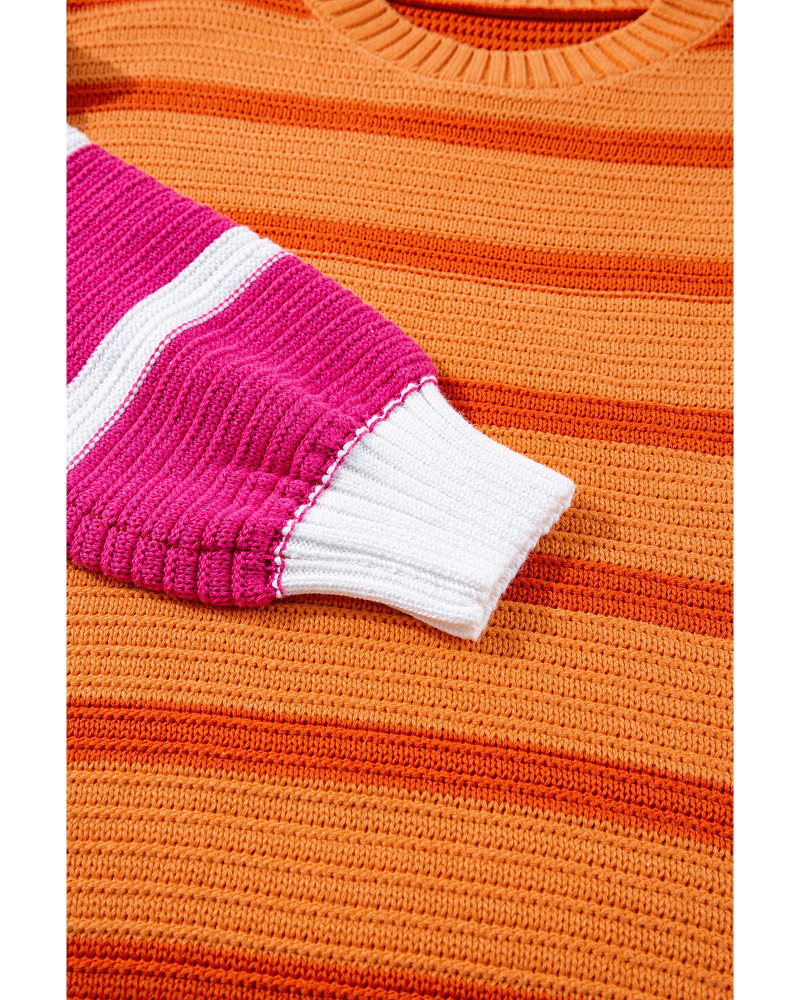 Orange Stripe Colorblock Crew Neck Drop Shoulder Loose Sweater - M 5