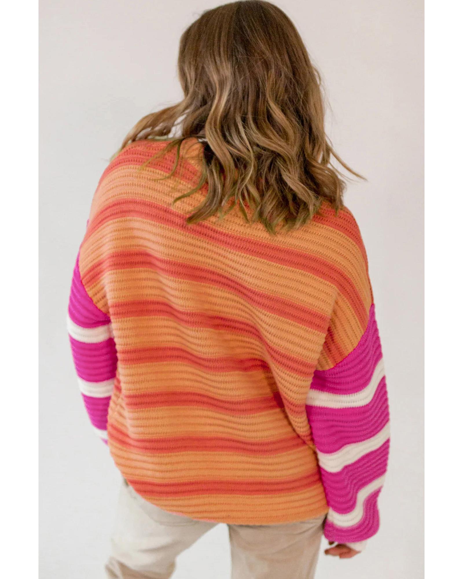 Orange Stripe Colorblock Crew Neck Drop Shoulder Loose Sweater - S