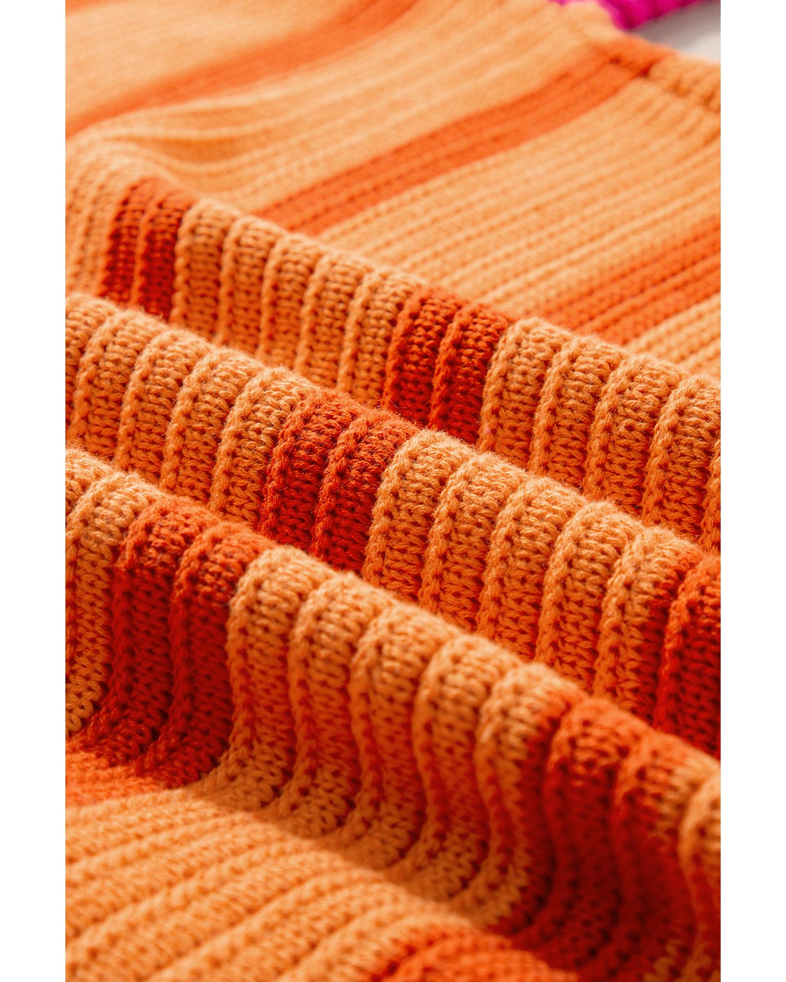 Orange Stripe Colorblock Crew Neck Drop Shoulder Loose Sweater - S