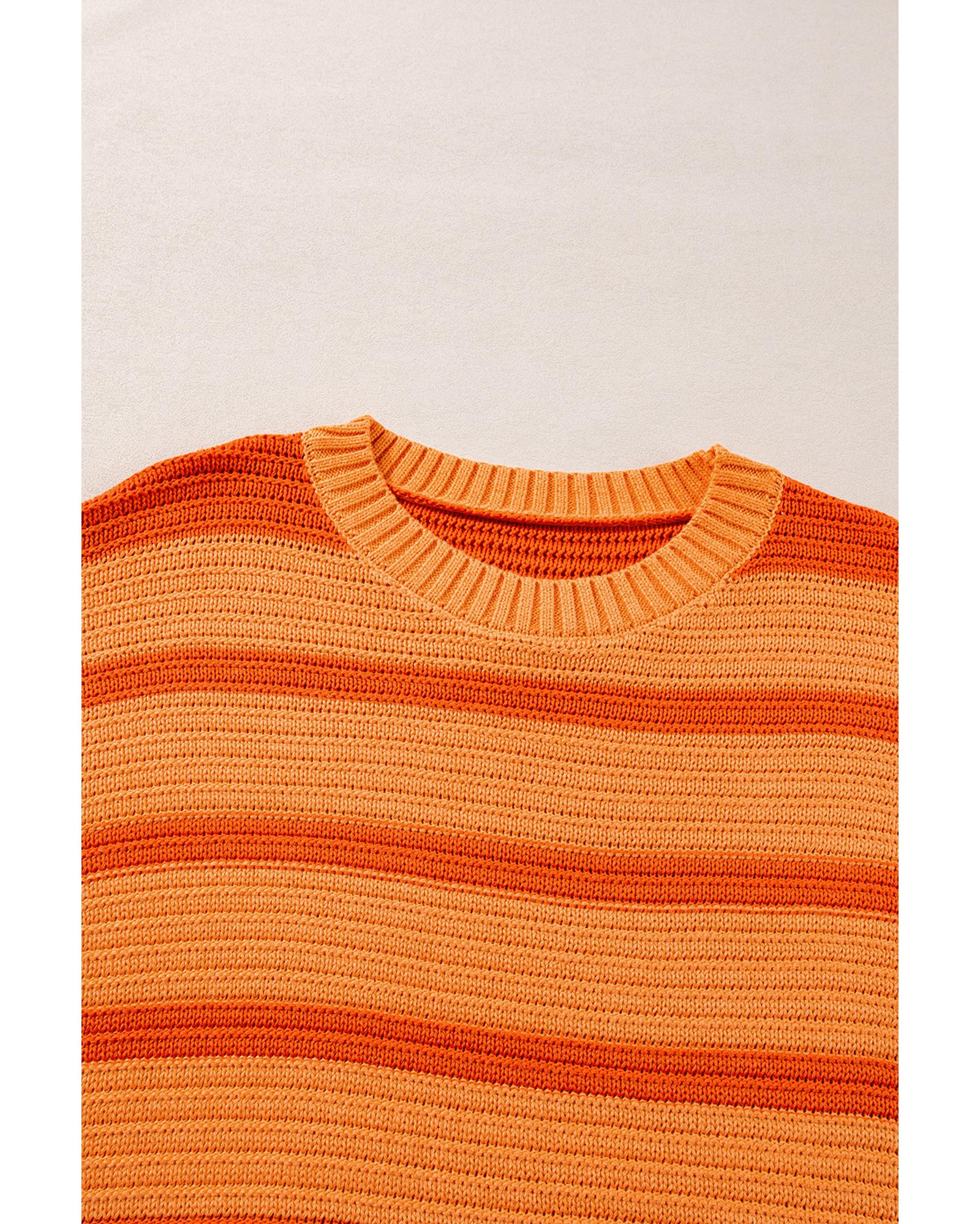 Orange Stripe Colorblock Crew Neck Drop Shoulder Loose Sweater - S 3