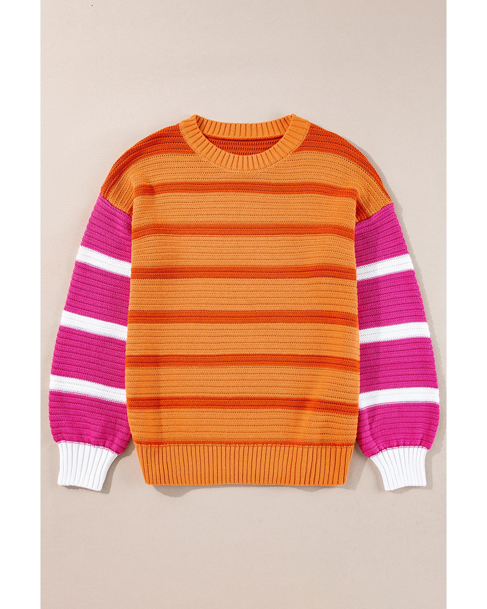 Orange Stripe Colorblock Crew Neck Drop Shoulder Loose Sweater - S 6