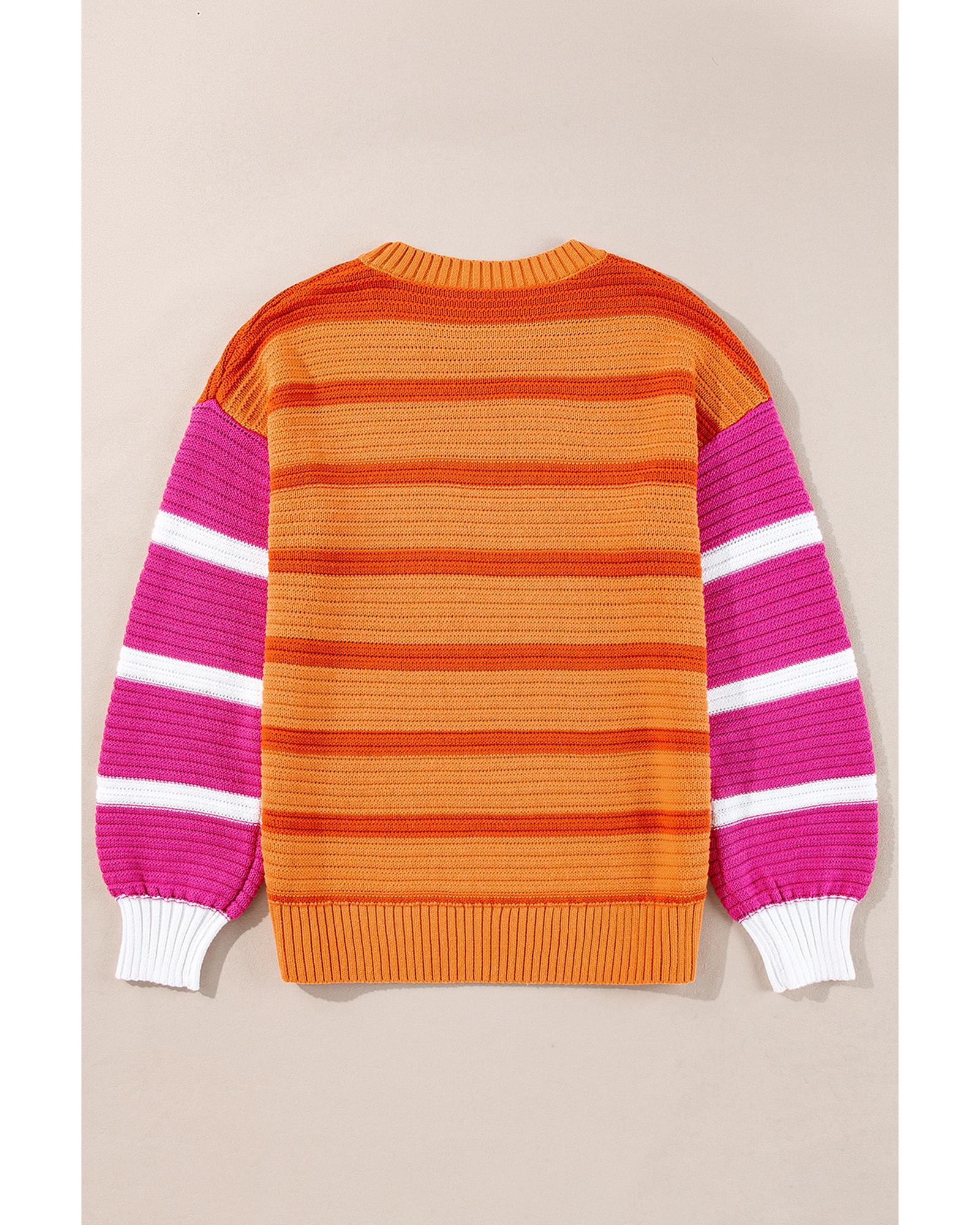Orange Stripe Colorblock Crew Neck Drop Shoulder Loose Sweater - S 8