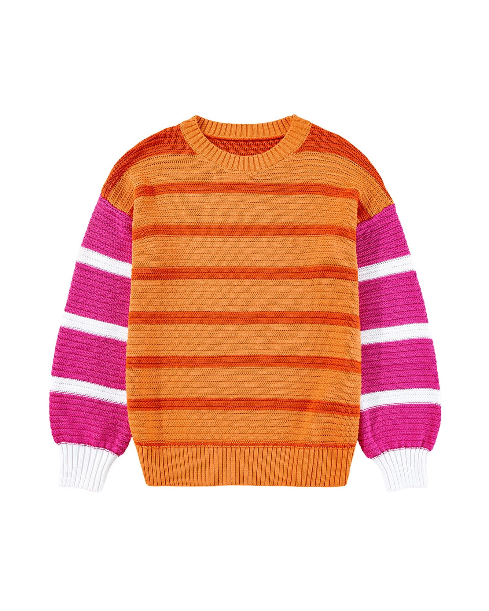 Orange Stripe Colorblock Crew Neck Drop Shoulder Loose Sweater - XL 7