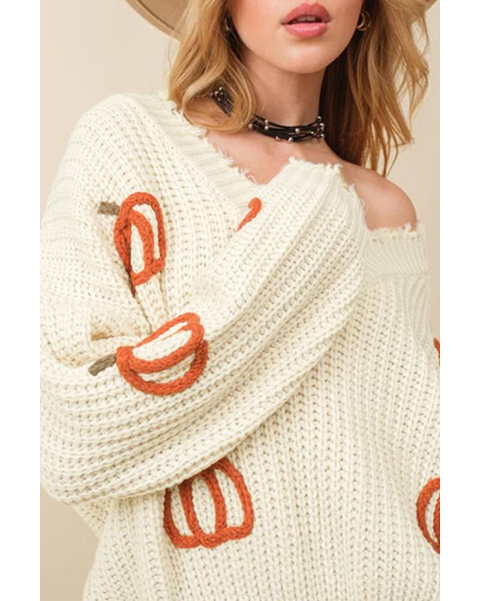 Beige Cable Knit Pumpkin Raw Hem V Neck Loose Sweater - L 5