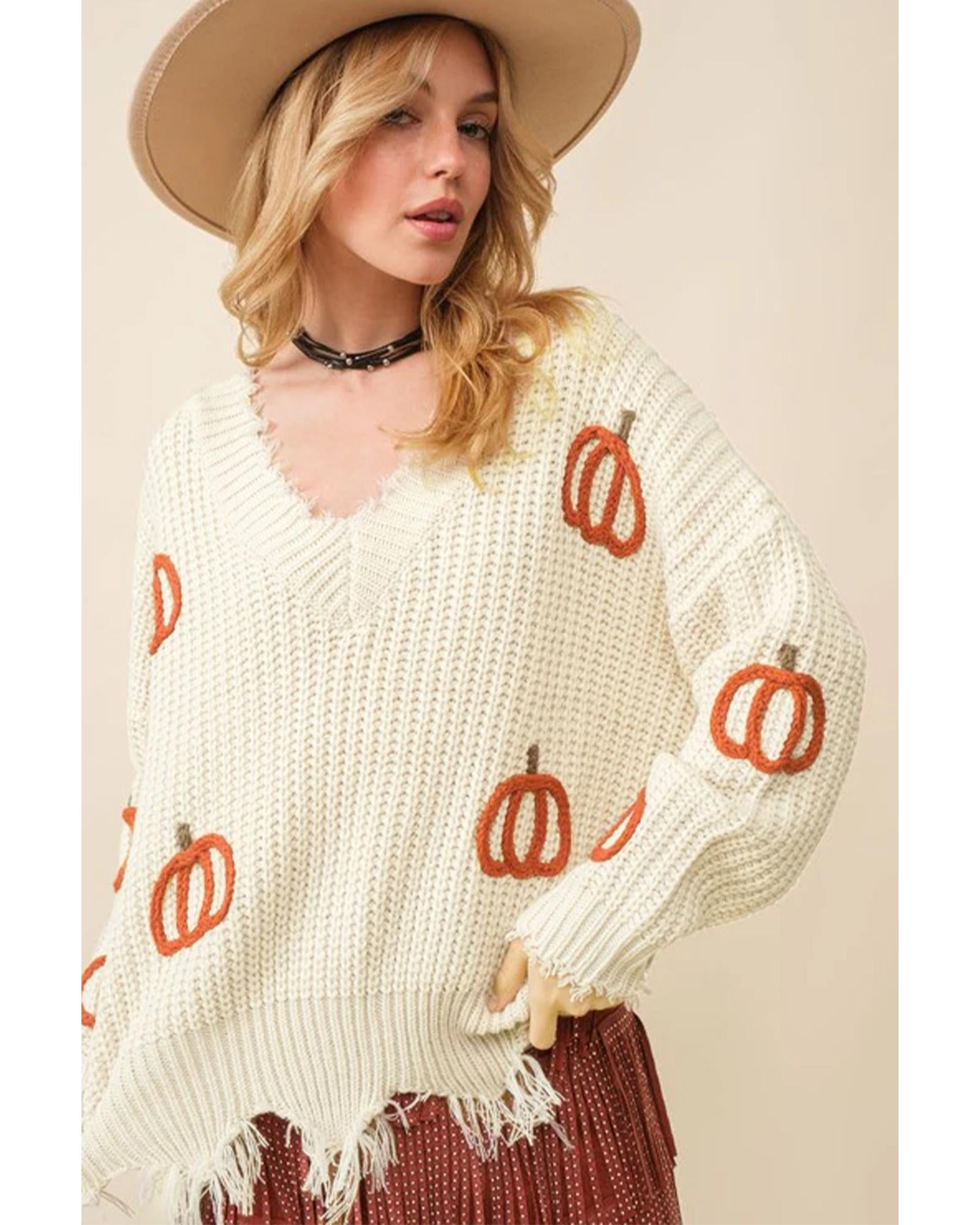 Beige Cable Knit Pumpkin Raw Hem V Neck Loose Sweater - M 3