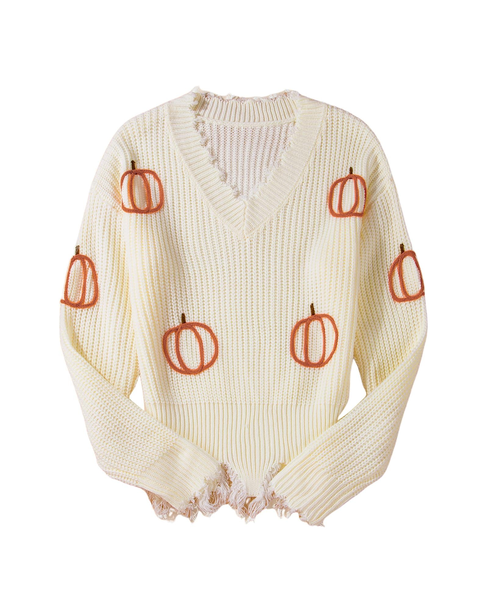 Beige Cable Knit Pumpkin Raw Hem V Neck Loose Sweater - M 6