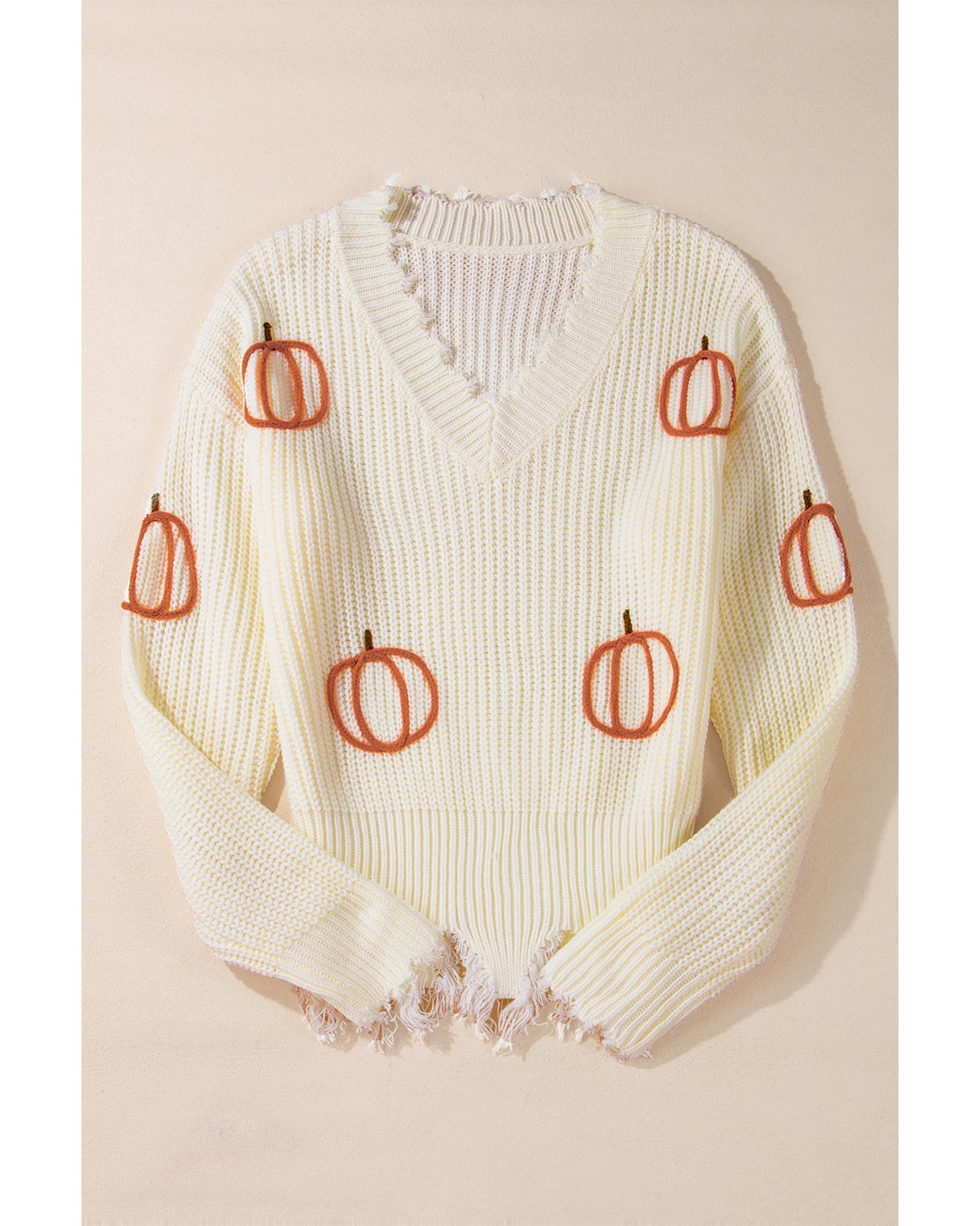 Beige Cable Knit Pumpkin Raw Hem V Neck Loose Sweater - S 7