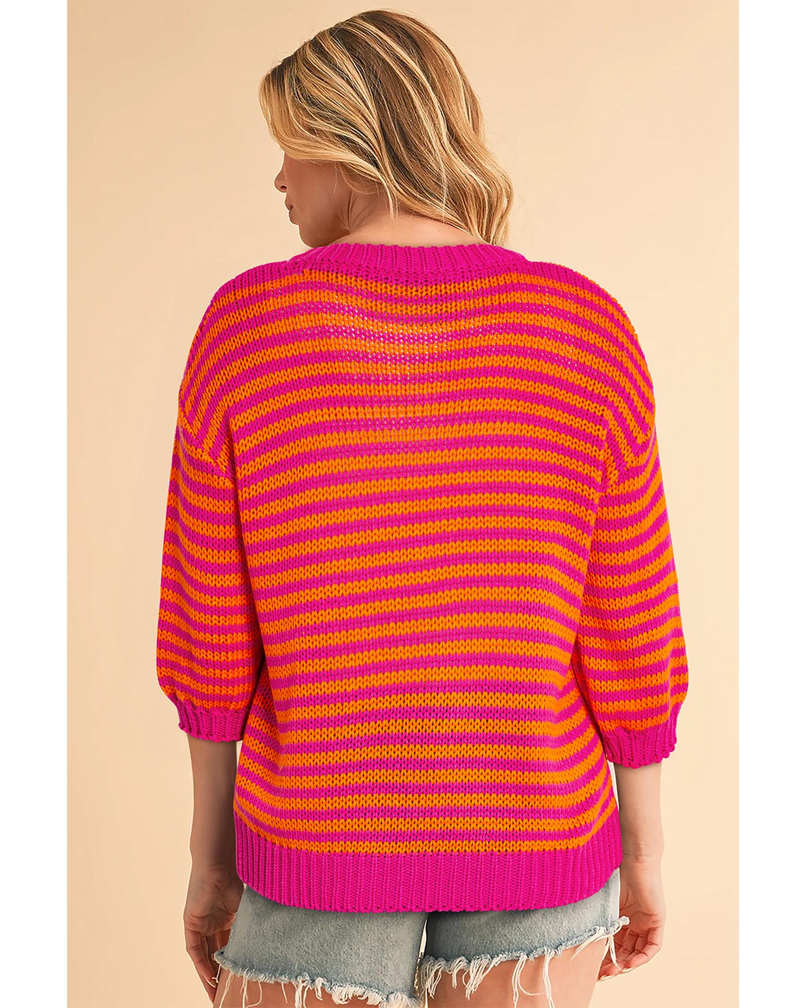 Rose Stripe 3/4 Puff Sleeve Drop Shoulder Sweater - M 4