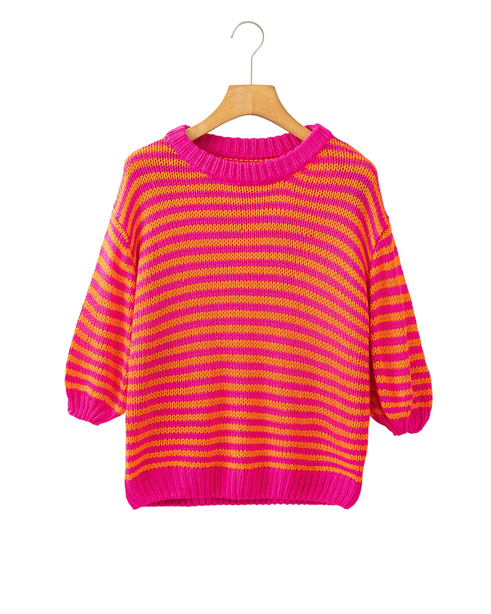 Rose Stripe 3/4 Puff Sleeve Drop Shoulder Sweater - XL 5