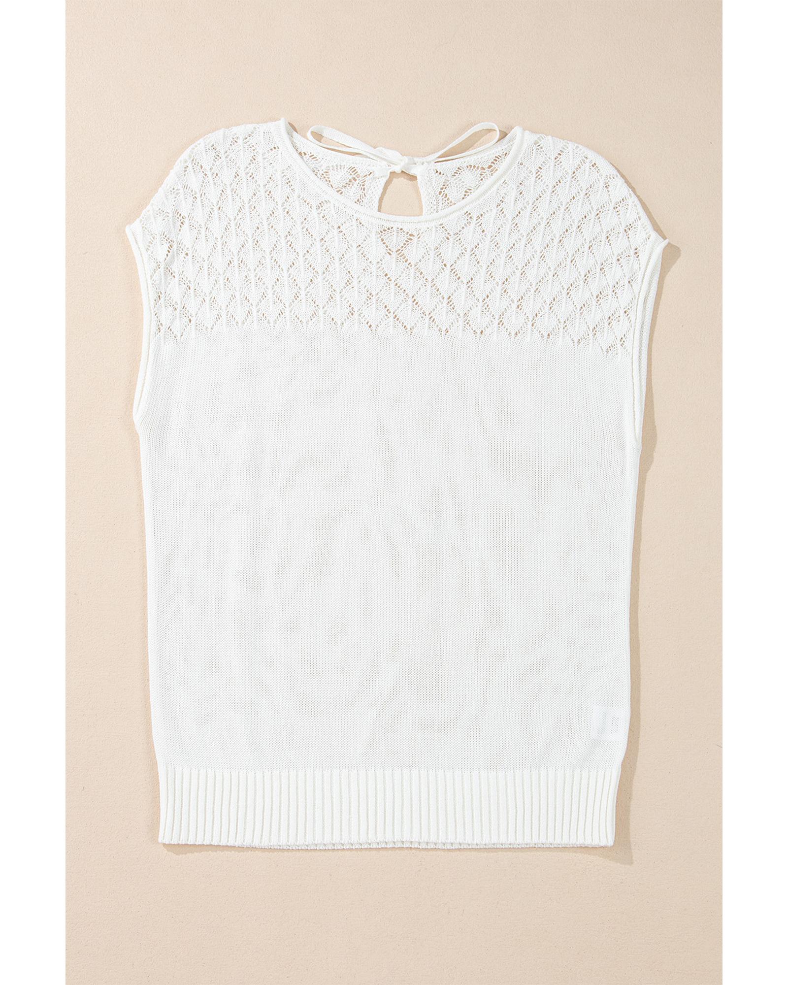 White Eyelet Knit Tied Back Short Sleeve Sweater - 2XL 7