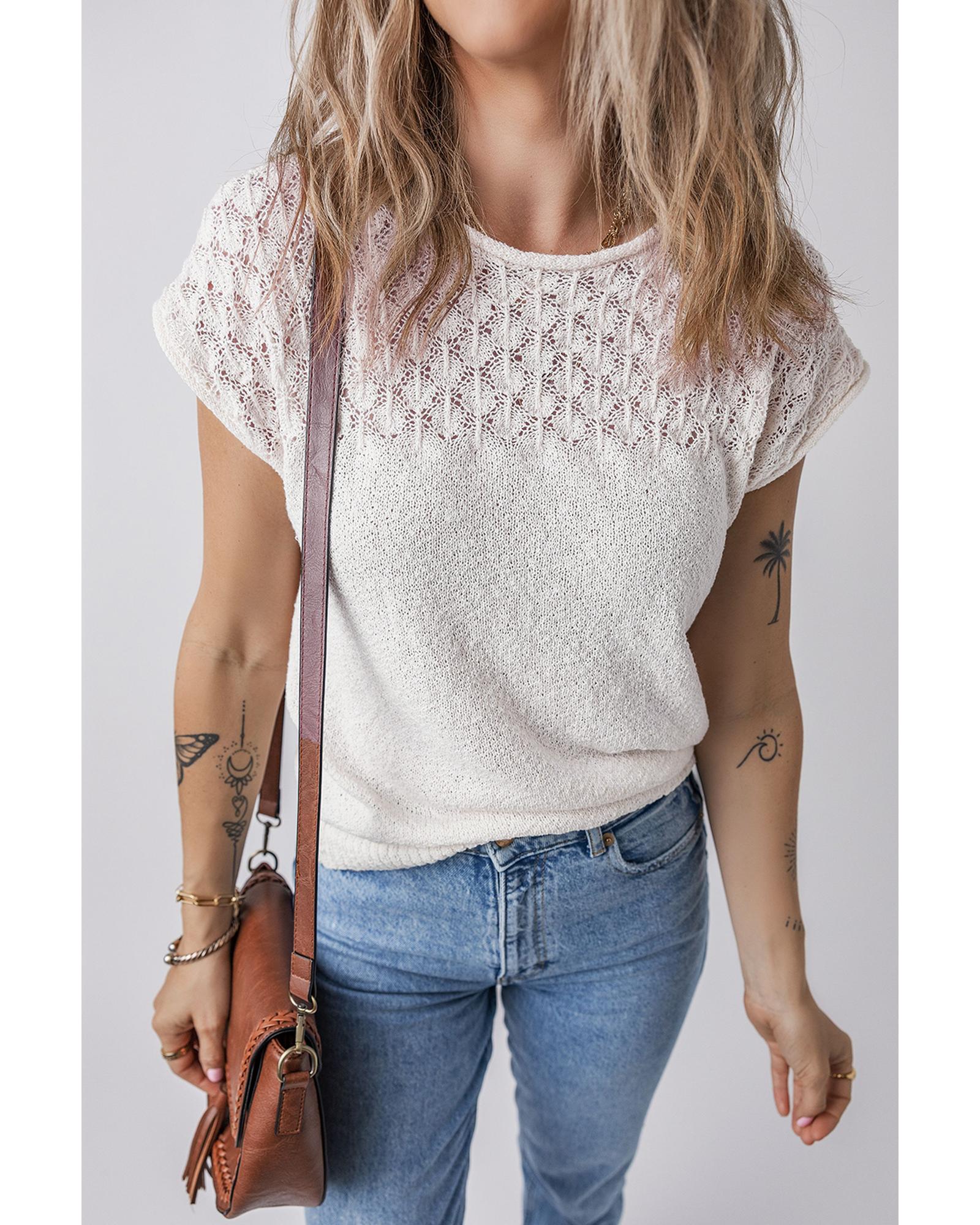 White Eyelet Knit Tied Back Short Sleeve Sweater - L 3