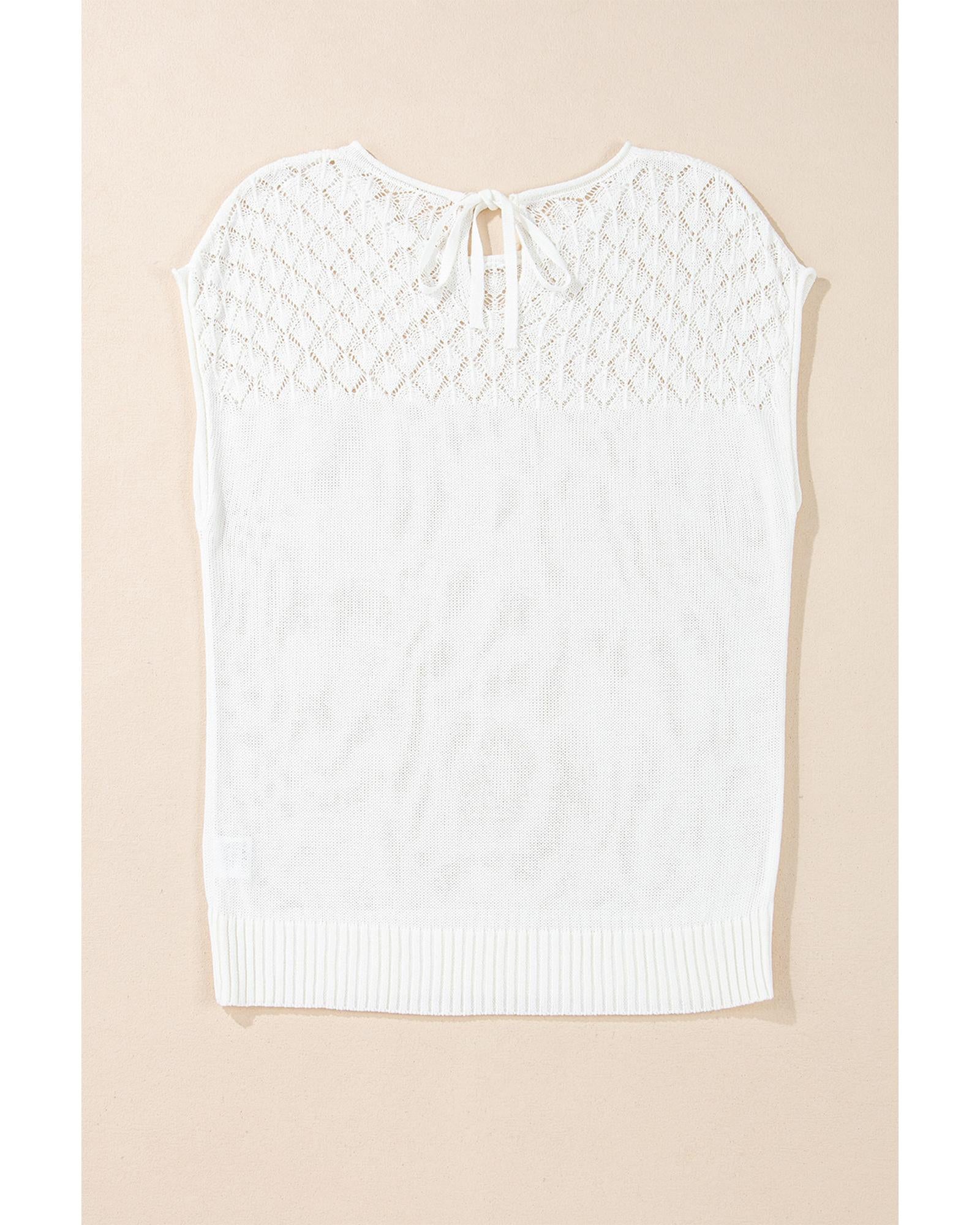 White Eyelet Knit Tied Back Short Sleeve Sweater - L 4