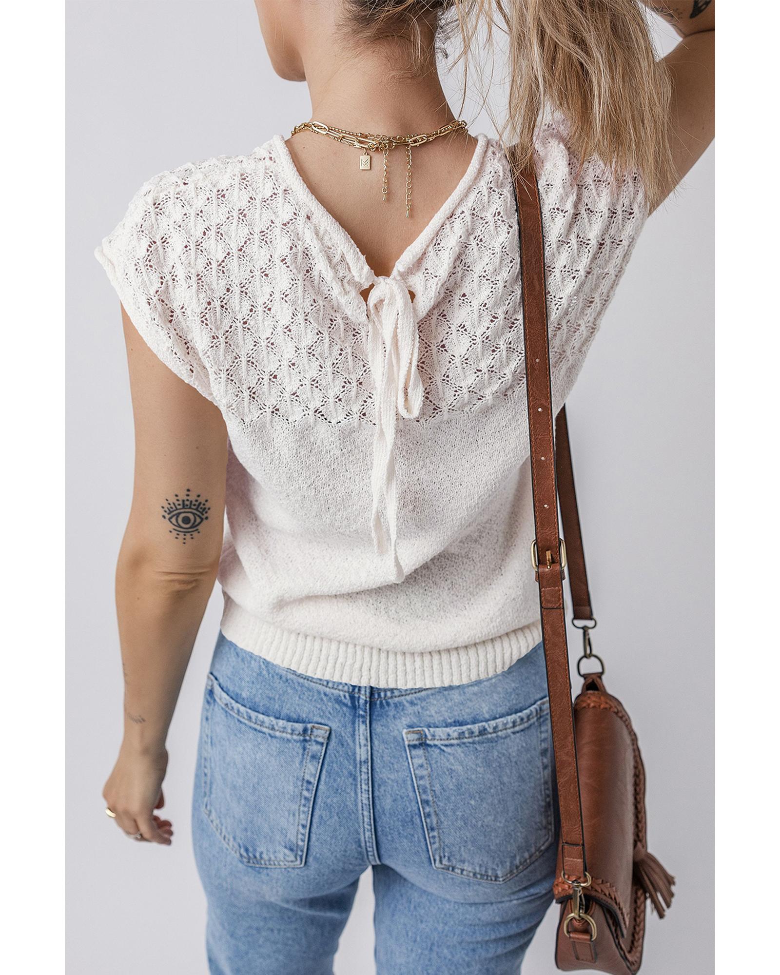 White Eyelet Knit Tied Back Short Sleeve Sweater - L 5