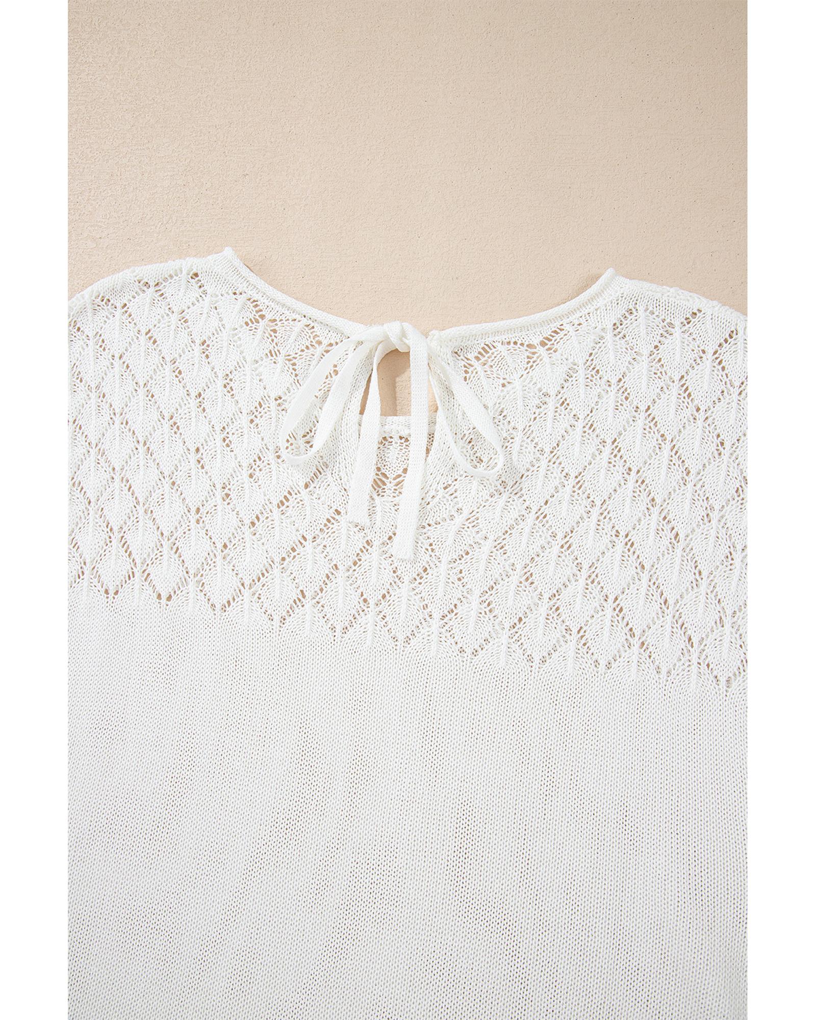 White Eyelet Knit Tied Back Short Sleeve Sweater - S 8