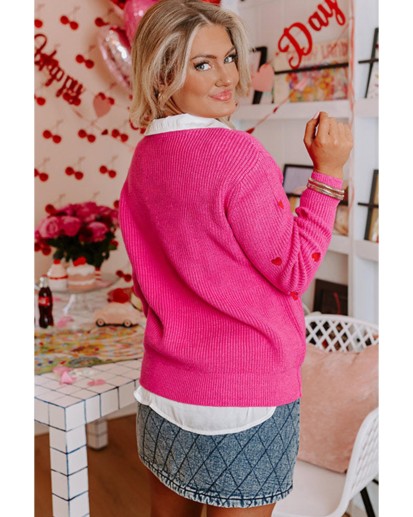 Rose Red Heart Shape Drop Shoulder Round Neck Sweater - L 4