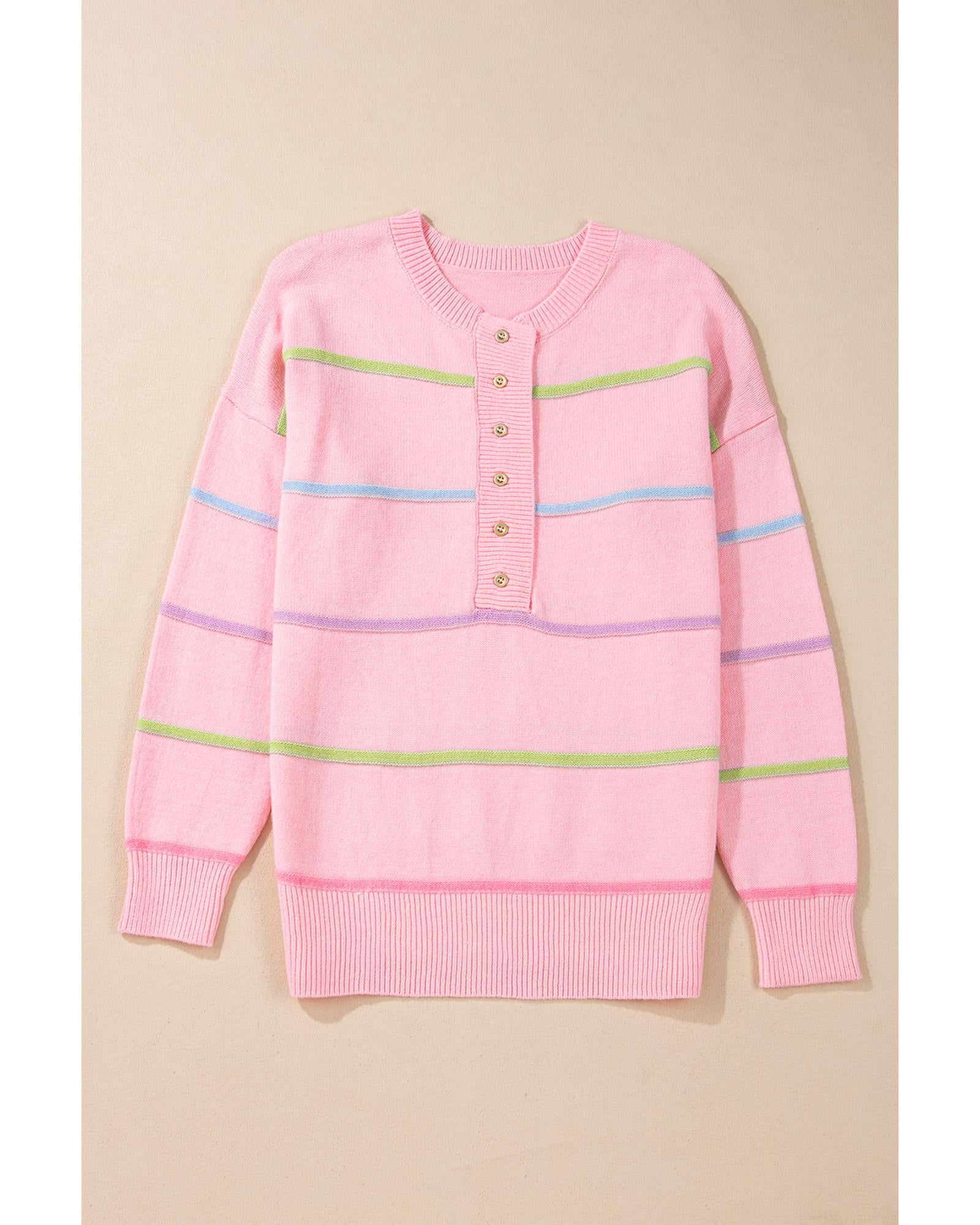 Pink Rainbow Stripes Drop Shoulder Baggy Henley Sweater - L