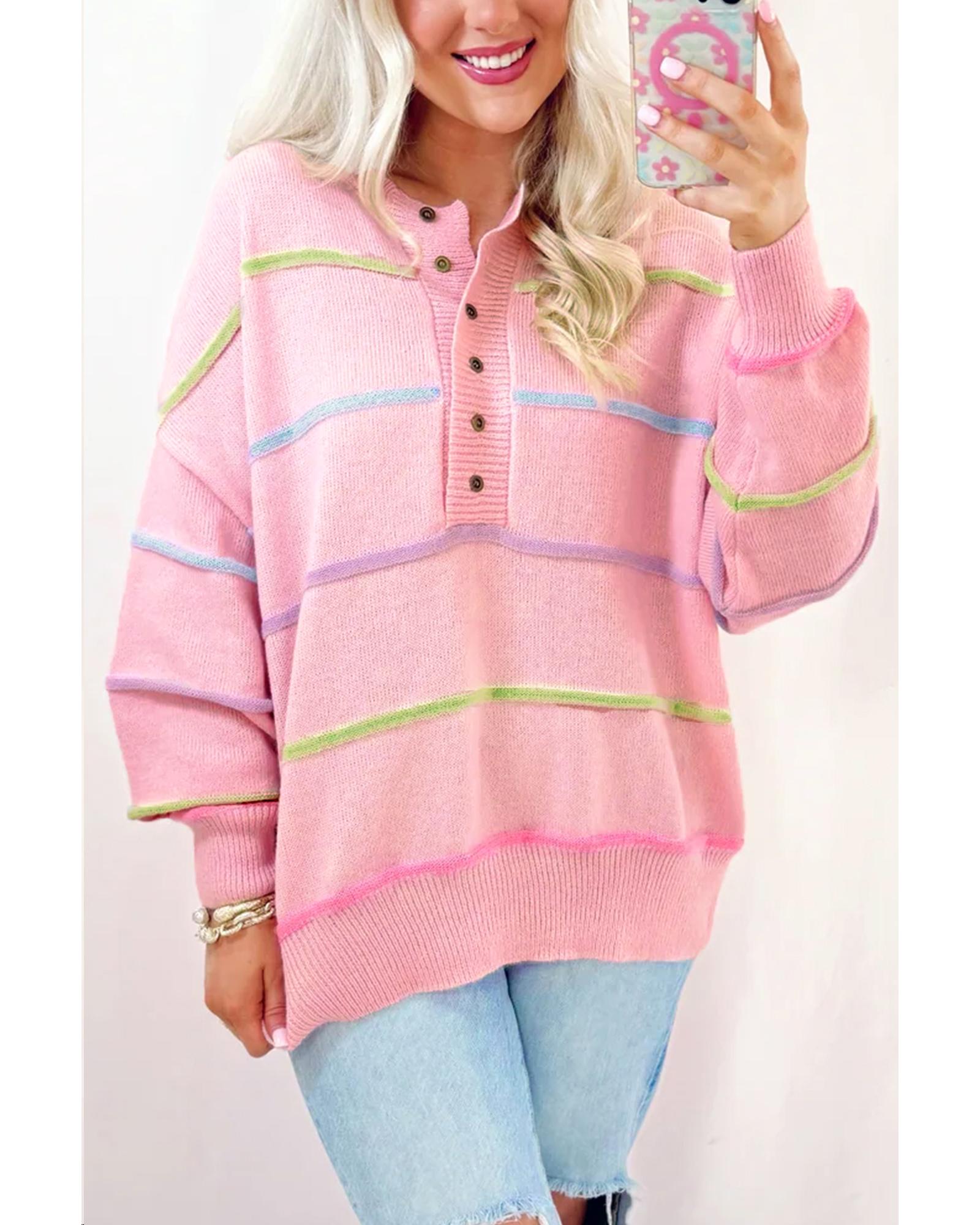 Pink Rainbow Stripes Drop Shoulder Baggy Henley Sweater - M 5