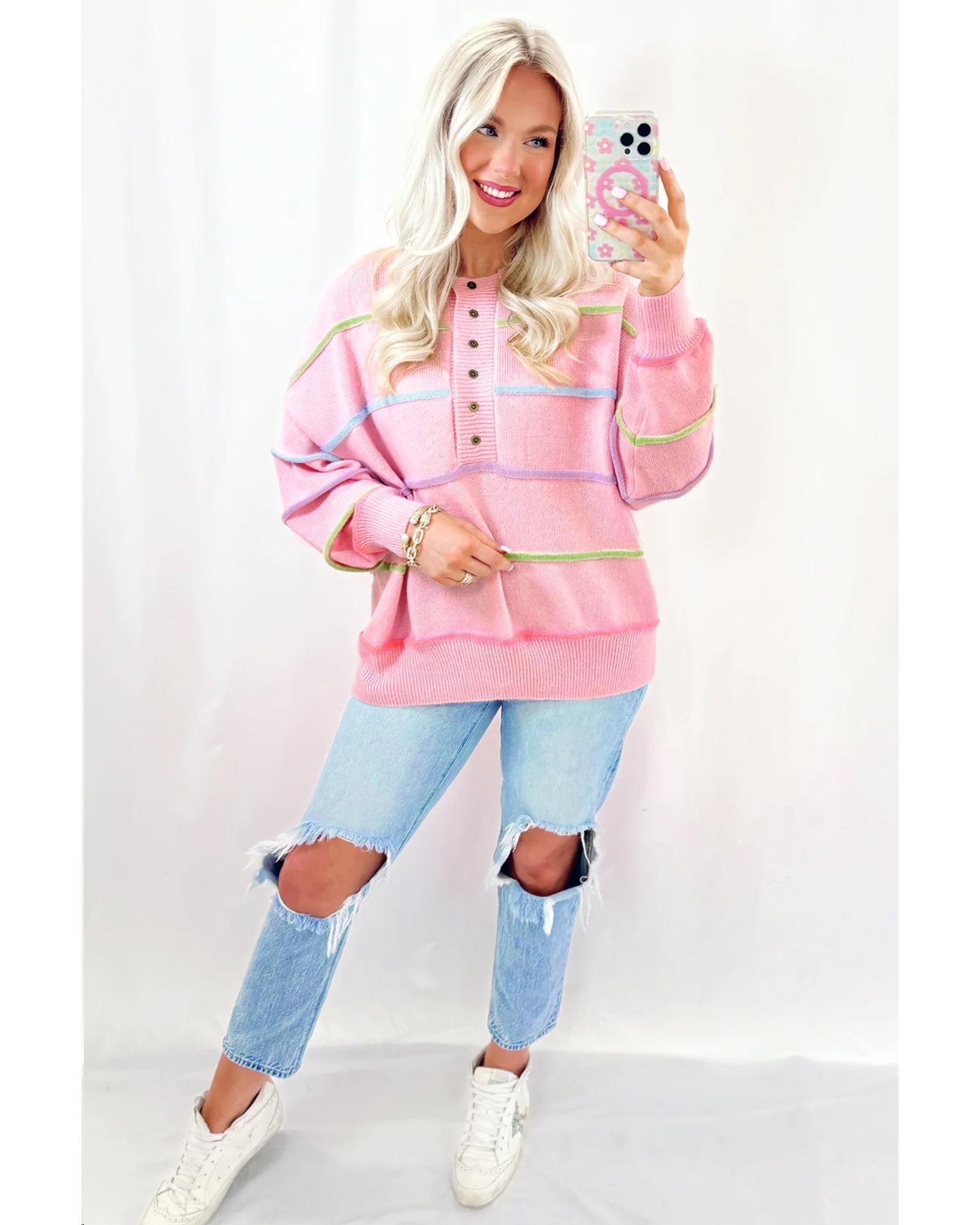 Pink Rainbow Stripes Drop Shoulder Baggy Henley Sweater - S