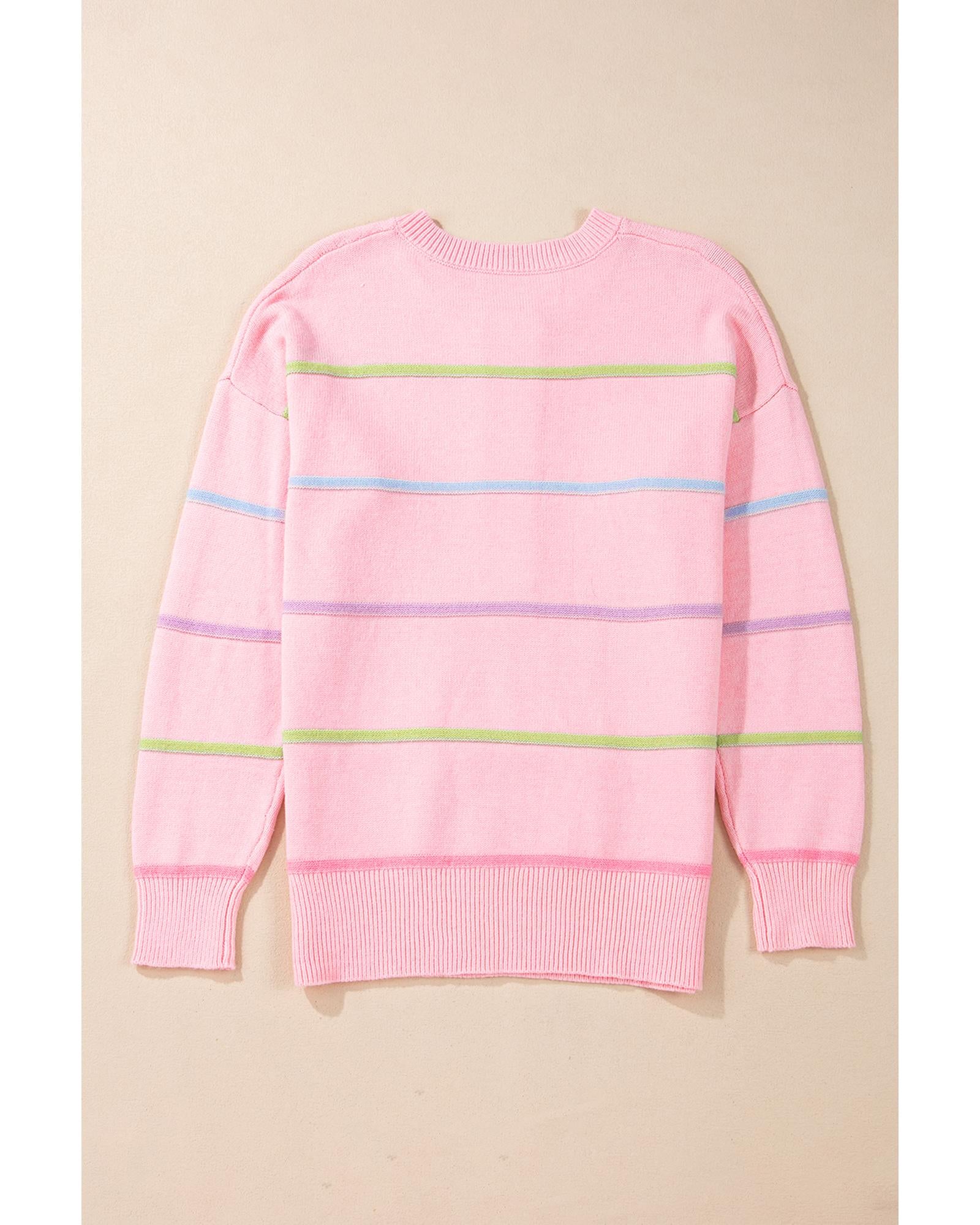 Pink Rainbow Stripes Drop Shoulder Baggy Henley Sweater - S 3