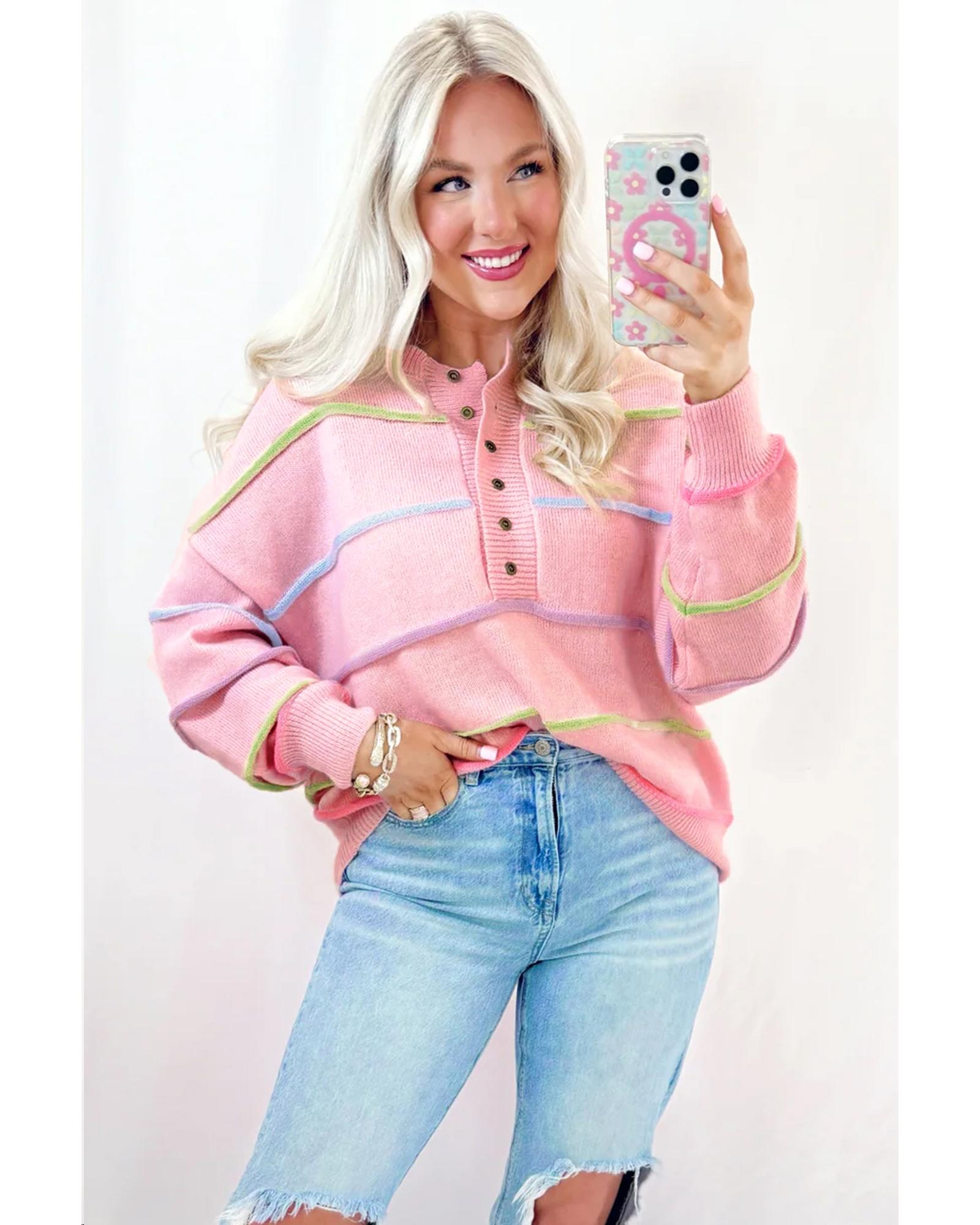 Pink Rainbow Stripes Drop Shoulder Baggy Henley Sweater - XL 4