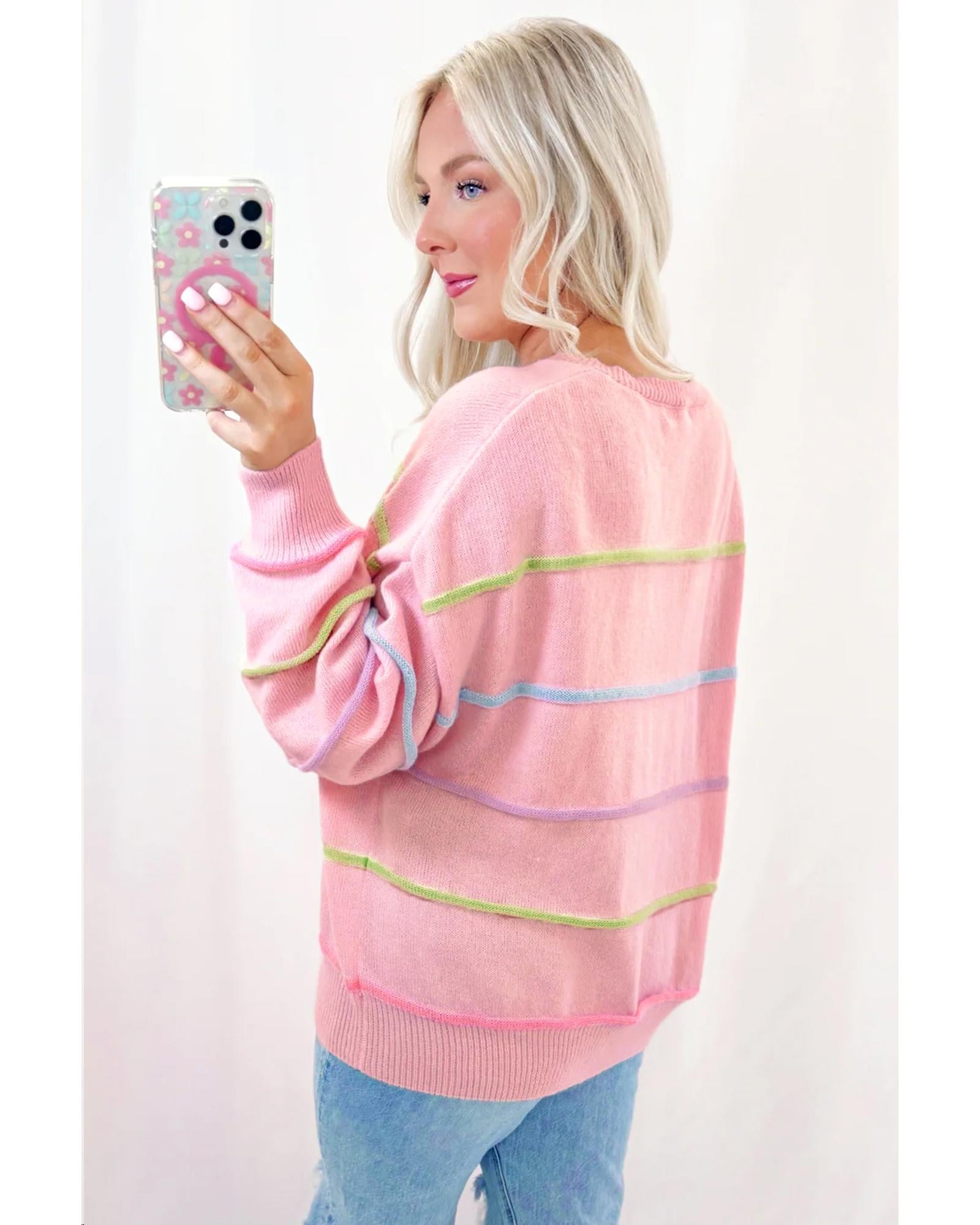 Pink Rainbow Stripes Drop Shoulder Baggy Henley Sweater - XL 6