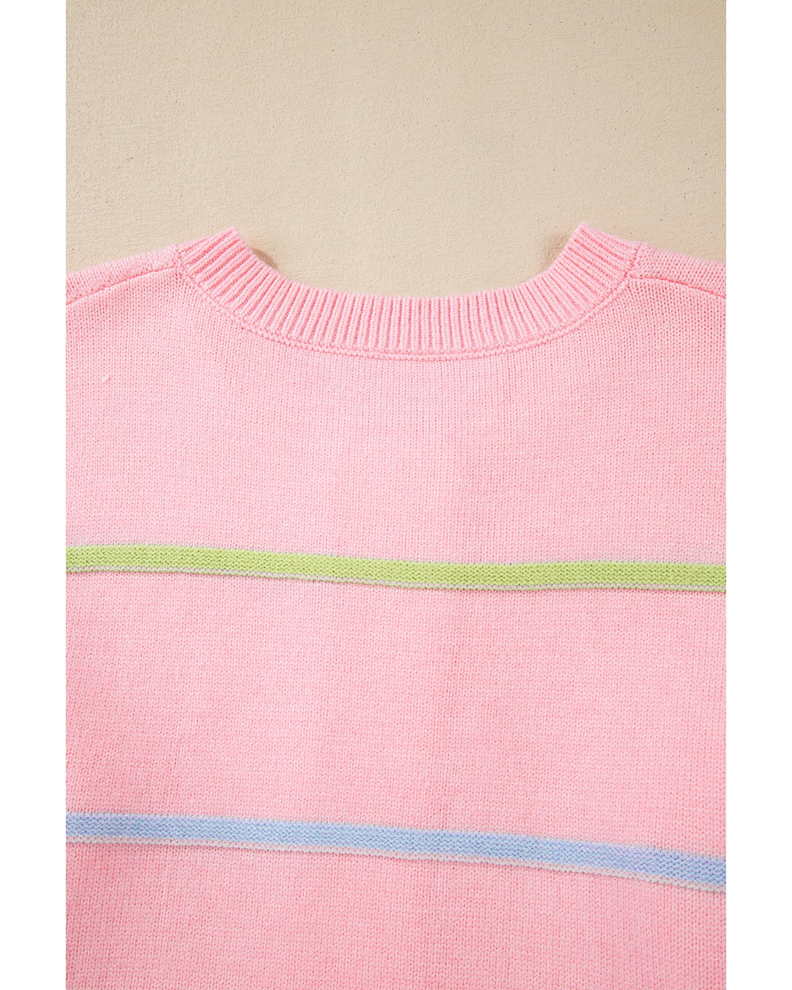 Pink Rainbow Stripes Drop Shoulder Baggy Henley Sweater - XL 7
