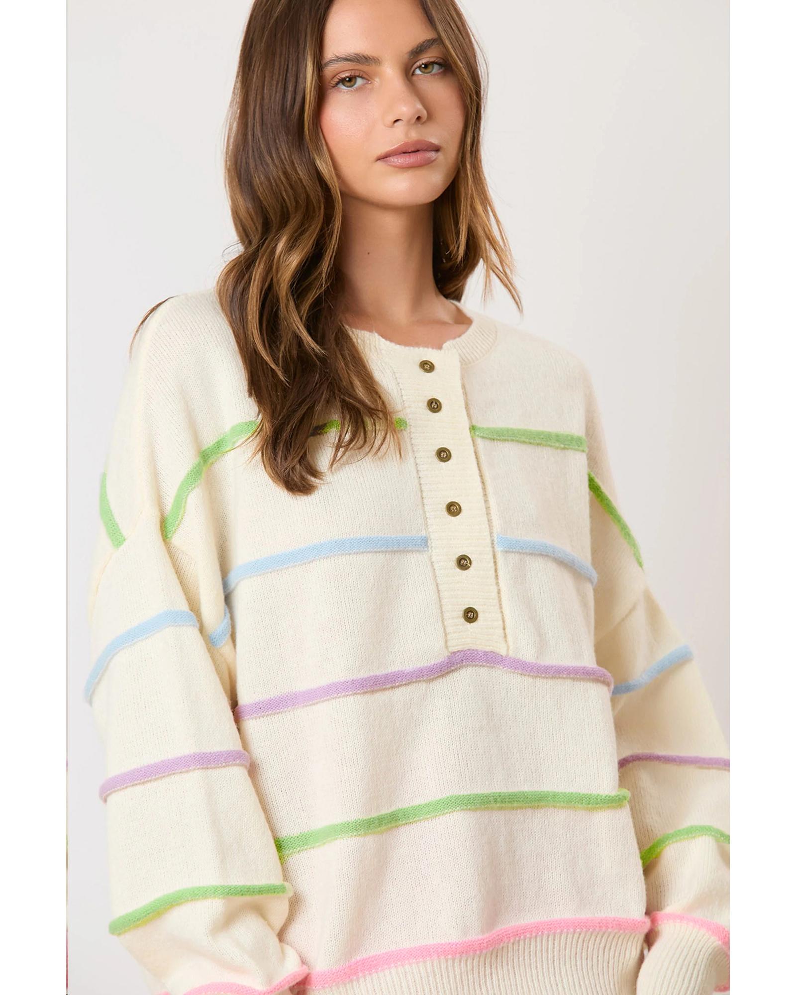 White Rainbow Stripes Drop Shoulder Baggy Henley Sweater - L 3