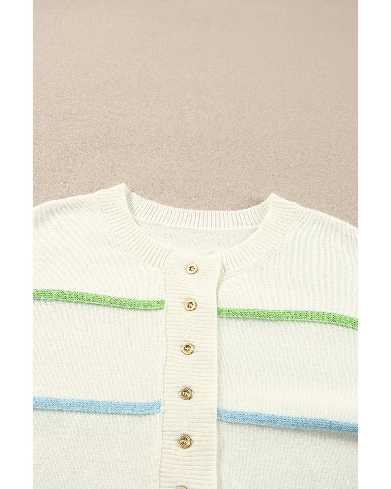White Rainbow Stripes Drop Shoulder Baggy Henley Sweater - L 6