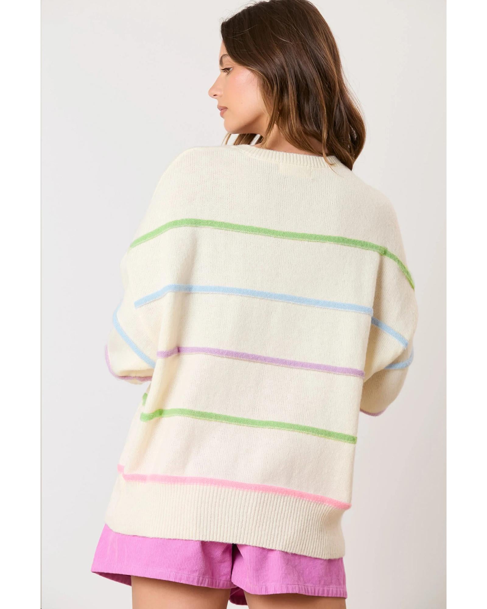 White Rainbow Stripes Drop Shoulder Baggy Henley Sweater - S 4