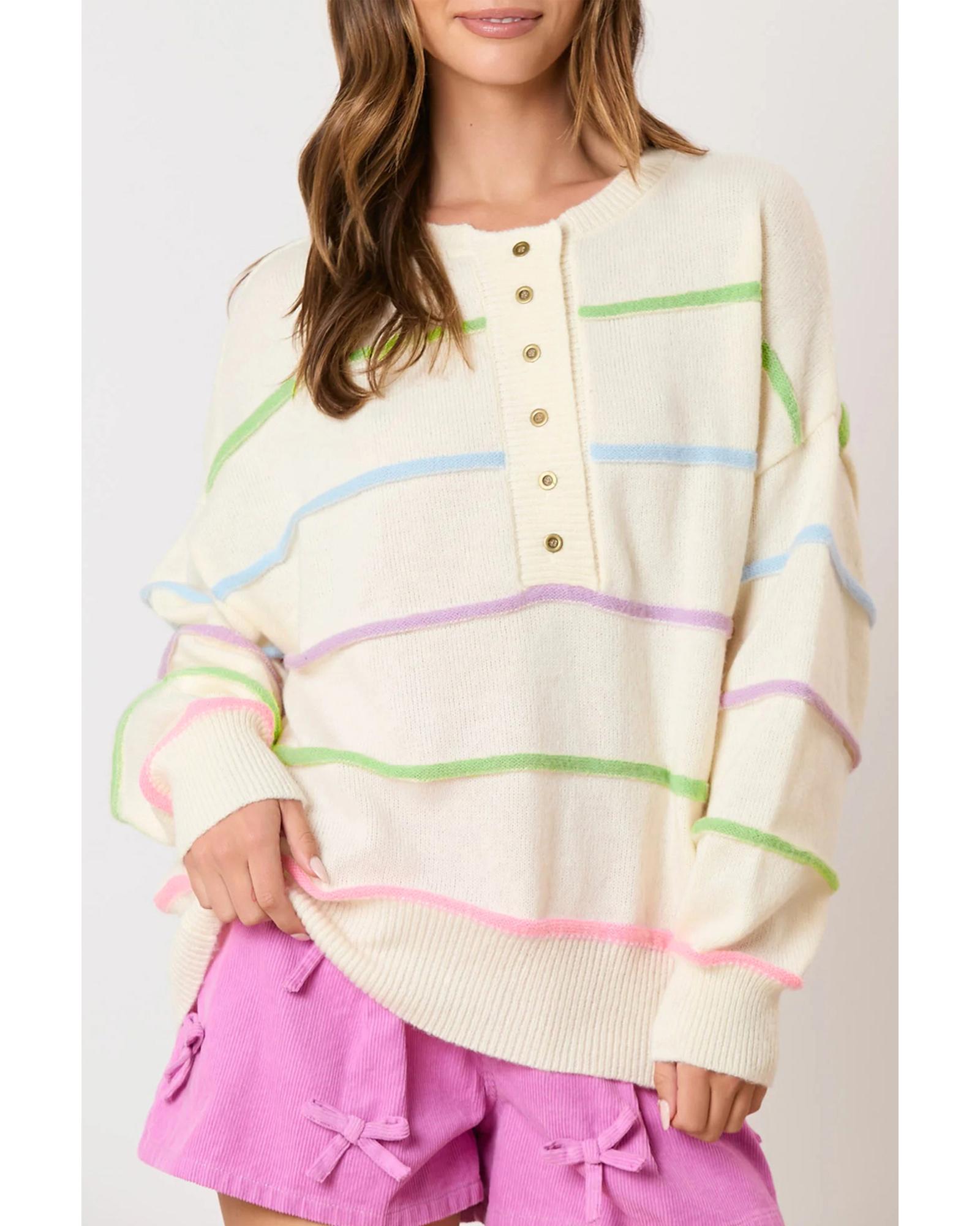 White Rainbow Stripes Drop Shoulder Baggy Henley Sweater - S 5