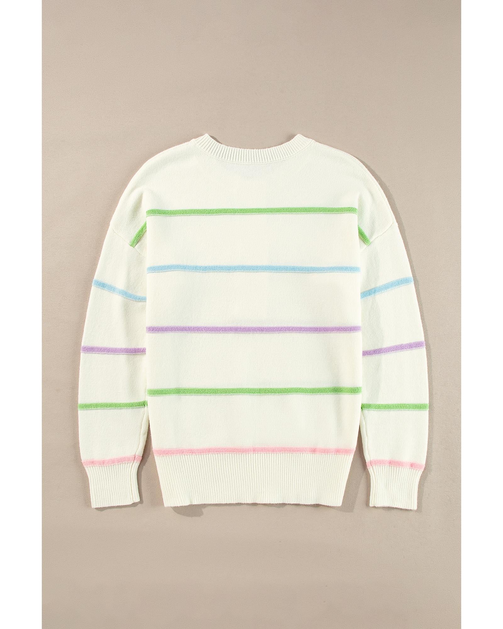 White Rainbow Stripes Drop Shoulder Baggy Henley Sweater - S 7