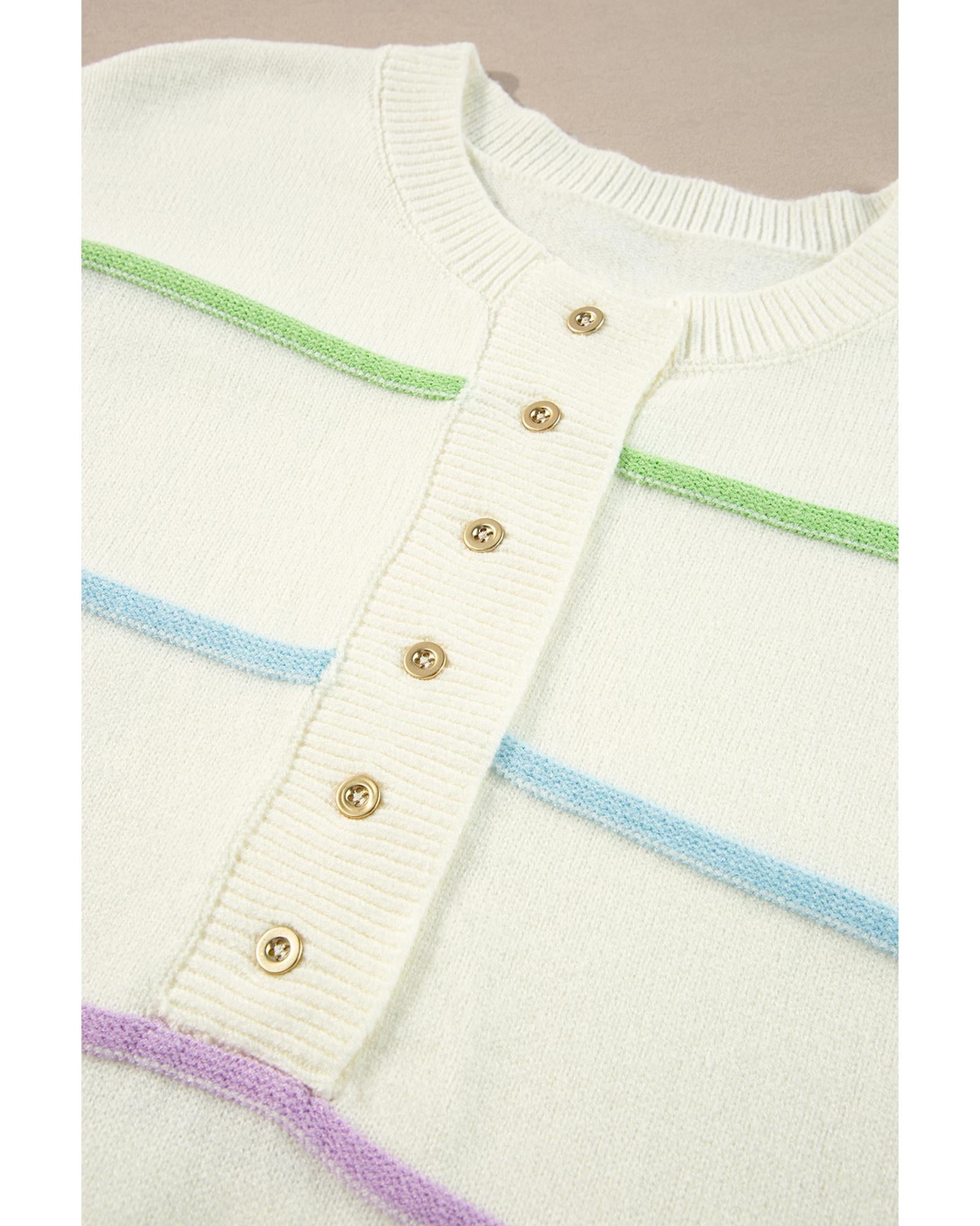White Rainbow Stripes Drop Shoulder Baggy Henley Sweater - S 8
