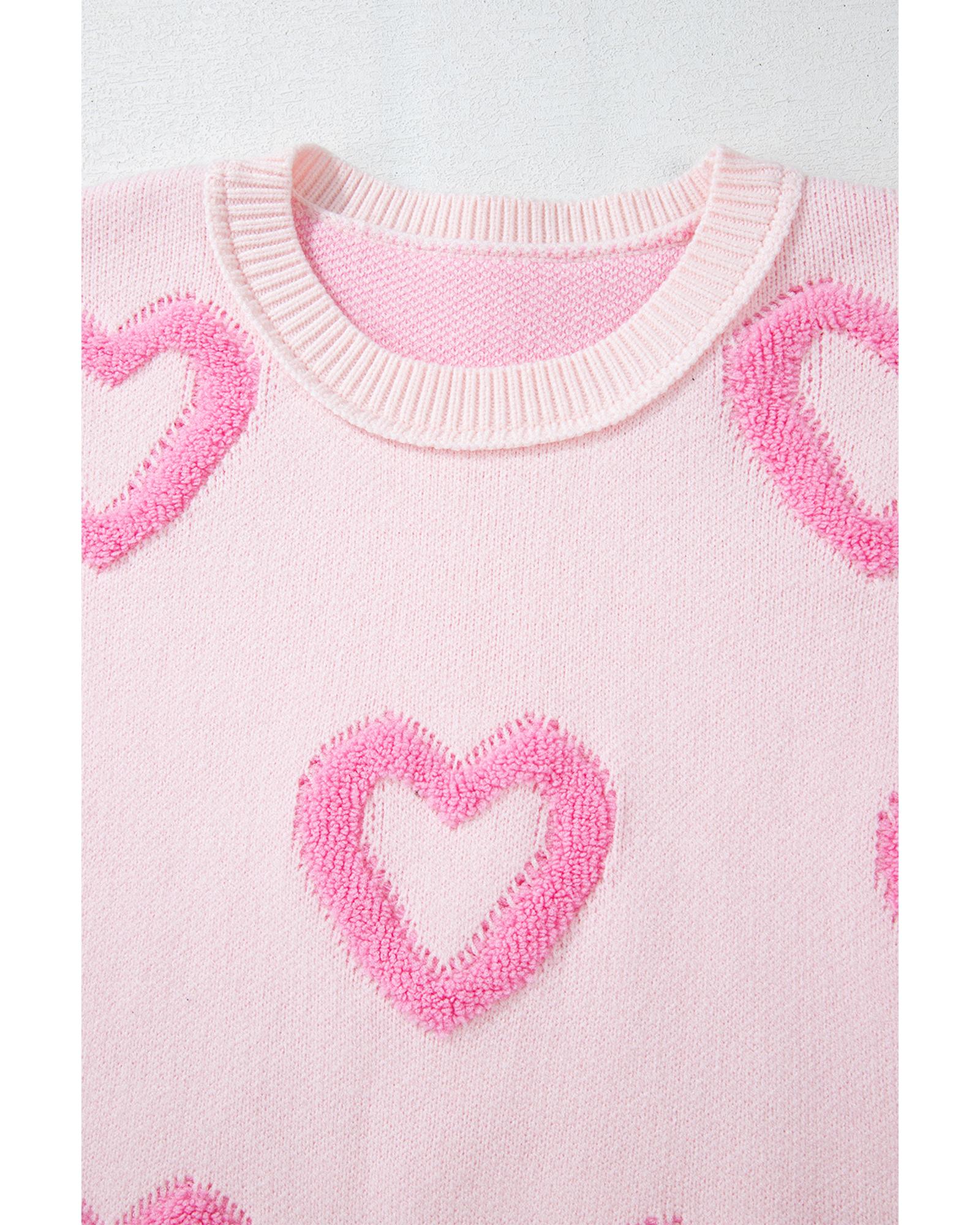 Pink Heart Shape Bubble Sleeve Baggy Sweater - M
