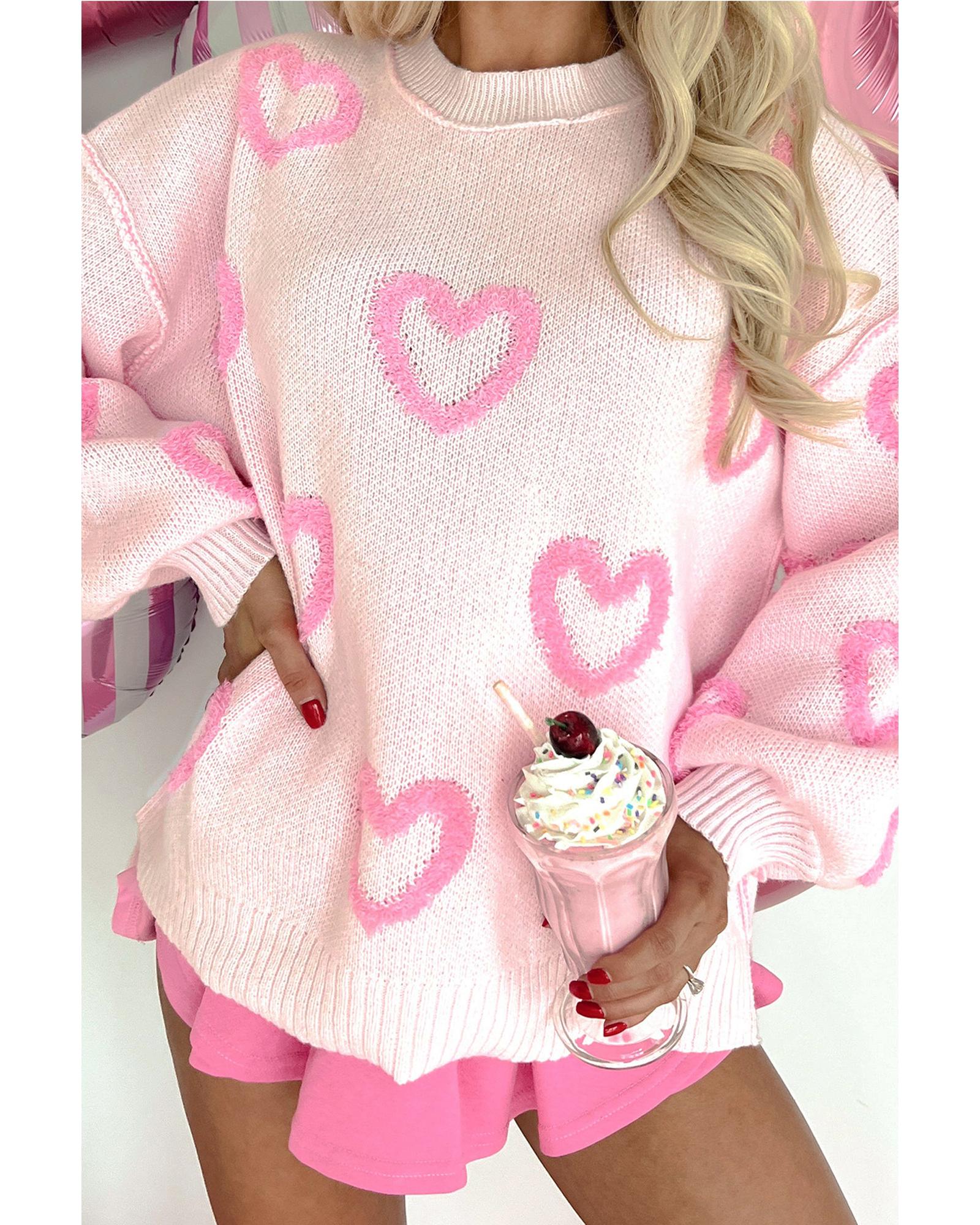 Pink Heart Shape Bubble Sleeve Baggy Sweater - XL 3