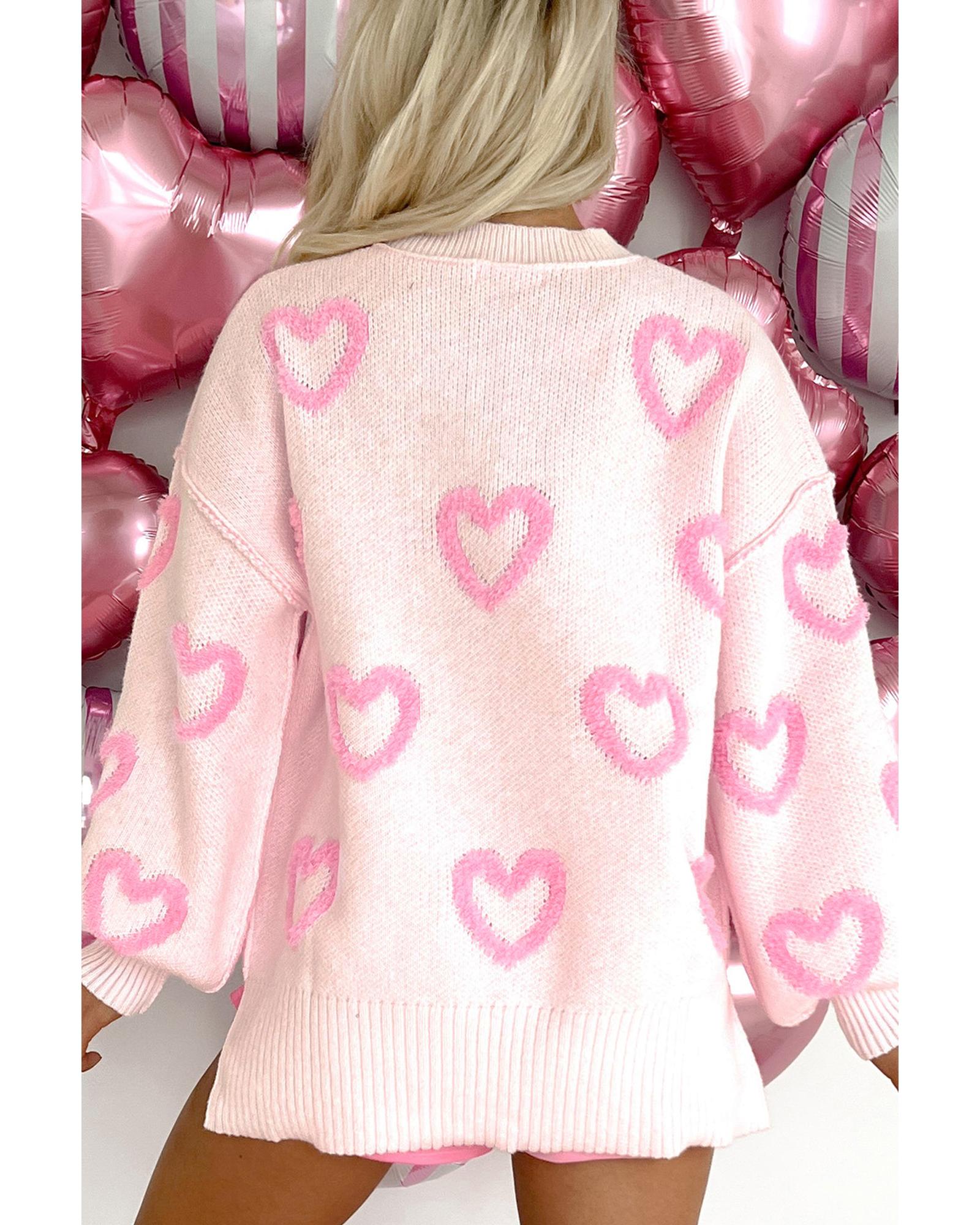 Pink Heart Shape Bubble Sleeve Baggy Sweater - XL 5