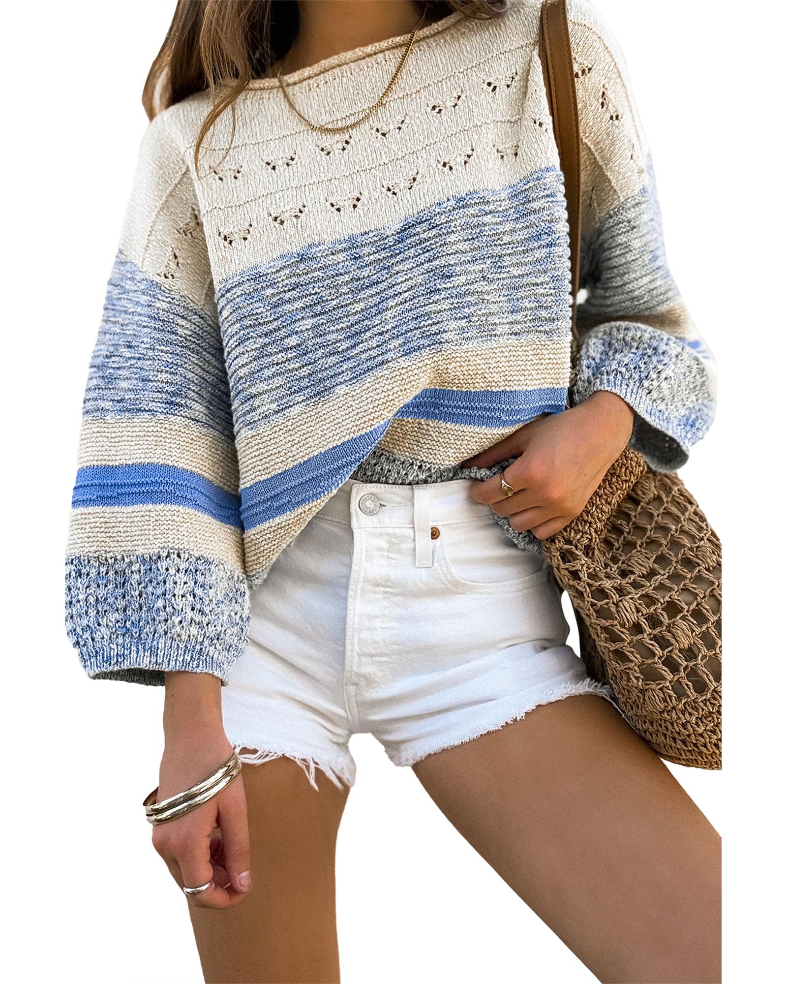 Light Blue Open Stitch Puff Sleeve Sweater - M 6