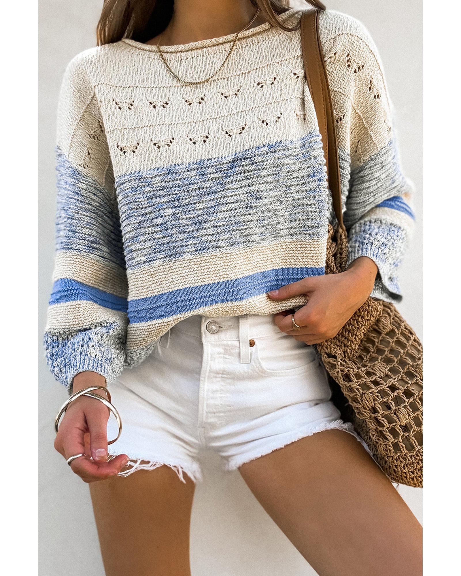 Light Blue Open Stitch Puff Sleeve Sweater - S 8