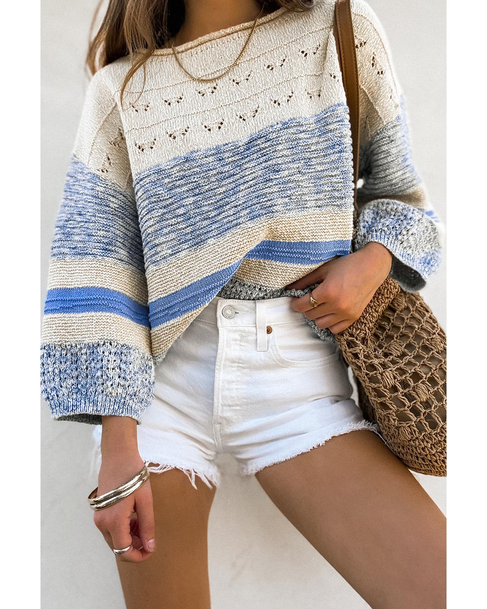Light Blue Open Stitch Puff Sleeve Sweater - XL 7
